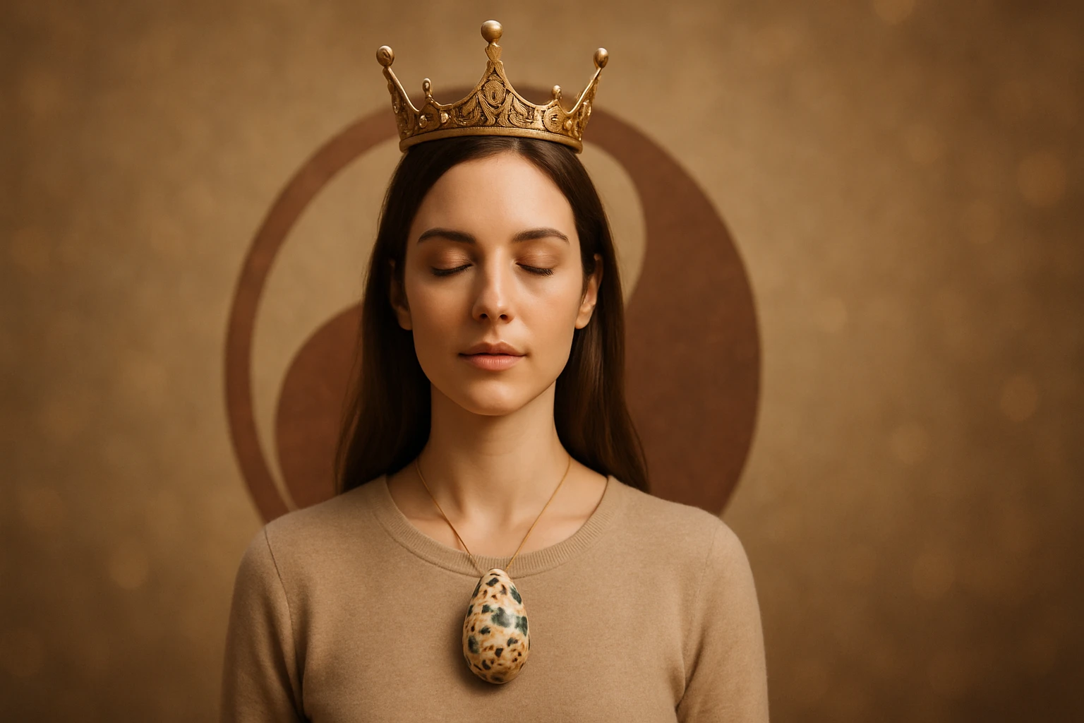 Egy nő zárt szemmel, arany koronával és különleges nyaklánccal a nyakában.