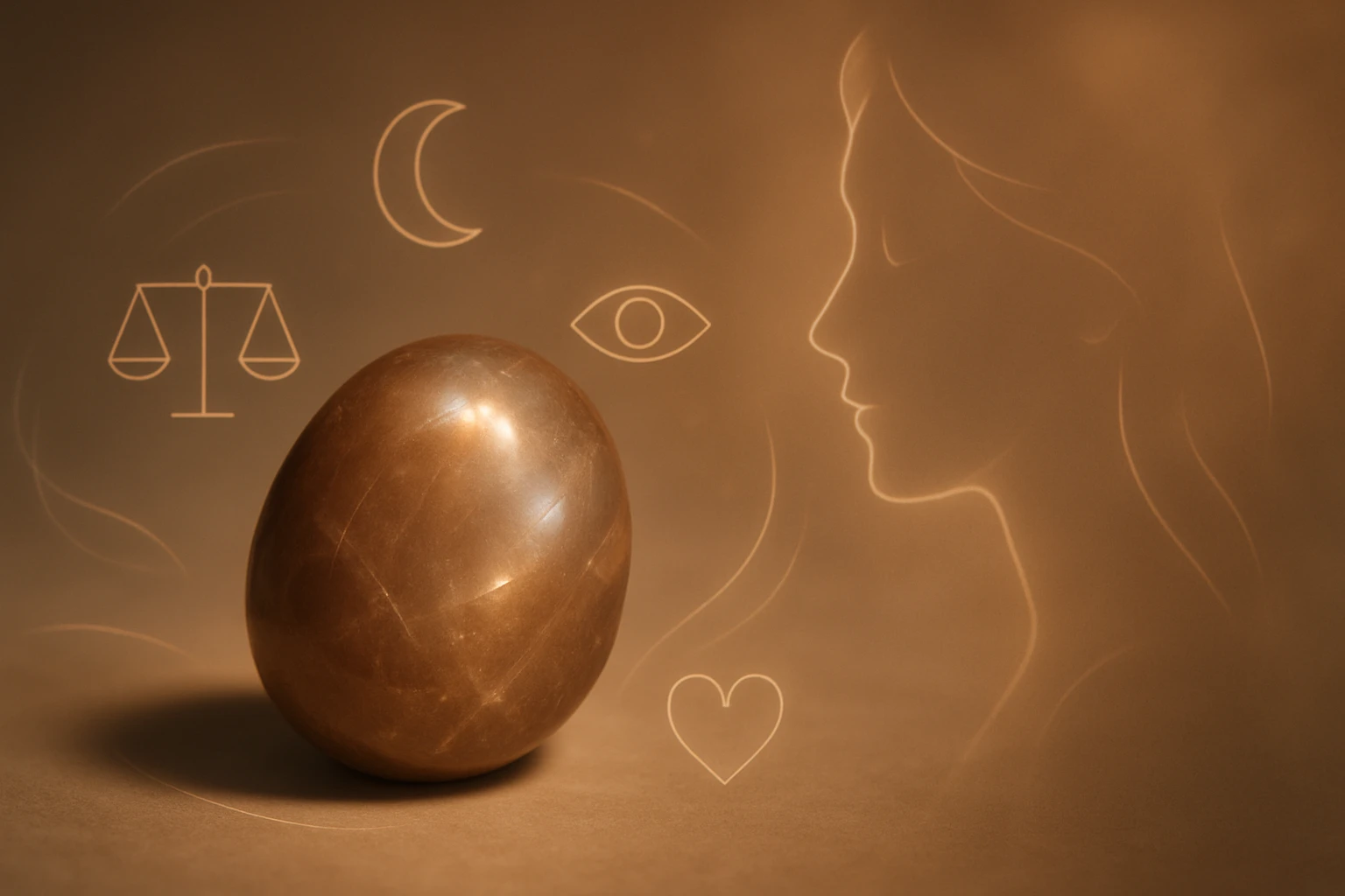 Egy barna tojás, mellette szimbolikus ábrák, mint a mérleg és a hold.