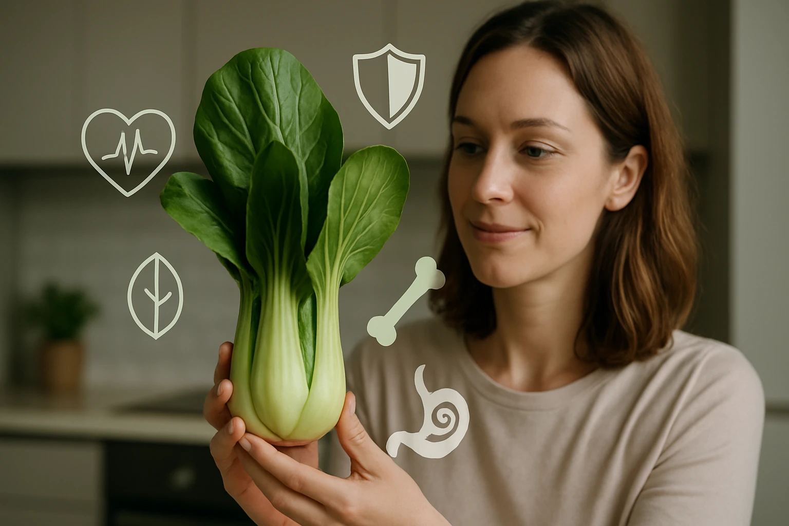 Egy nő boldogan tart a kezében egy friss bok choy zöldséget, miközben egészséges szimbólumok láthatók körülötte.