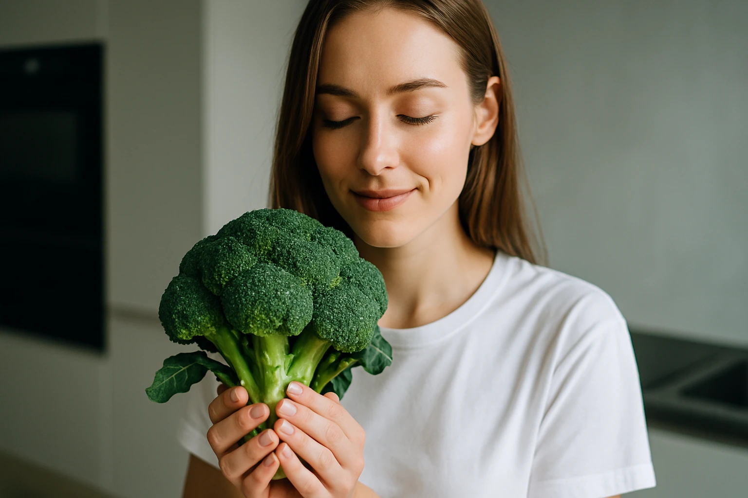 Egy fiatal nő boldogan tart a kezében egy friss brokkolit.