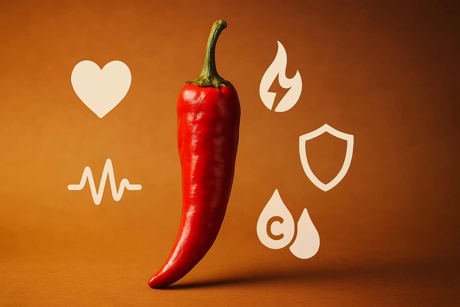 Egy piros chili paprika, körülötte egészségügyi szimbólumok, mint szív és pajzs.
