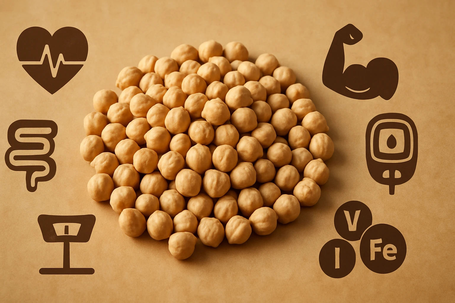 Egy halom csicseriborsó, körülötte egészségügyi szimbólumokkal.