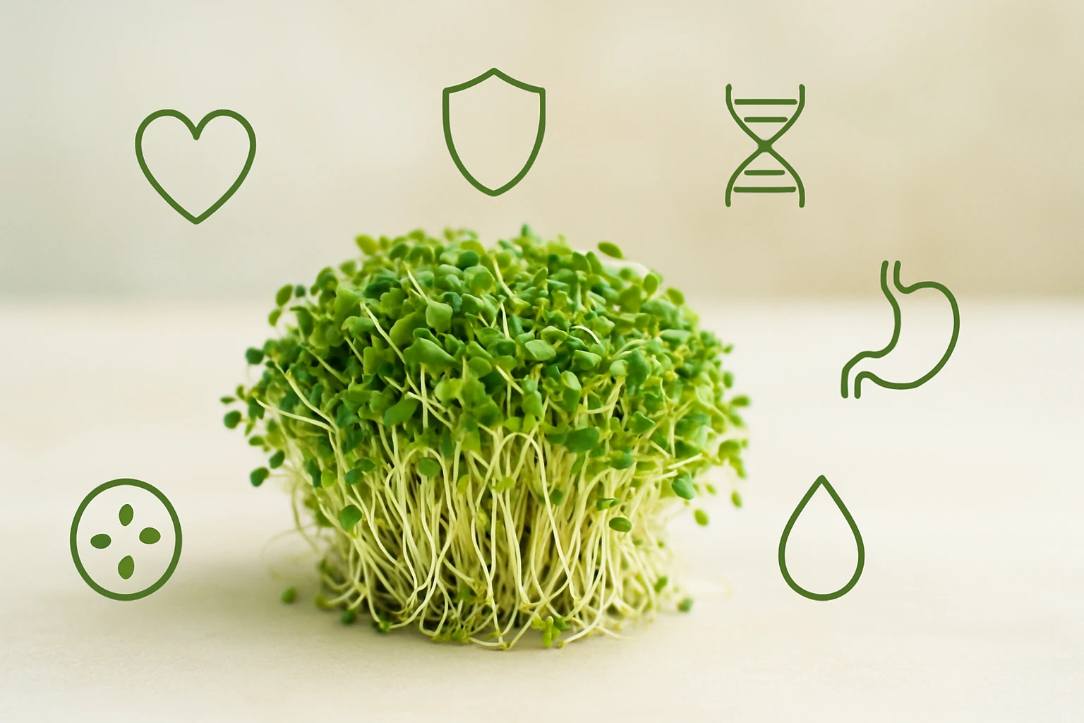 Friss csírák, amelyek körül különböző egészségügyi szimbólumok láthatók.