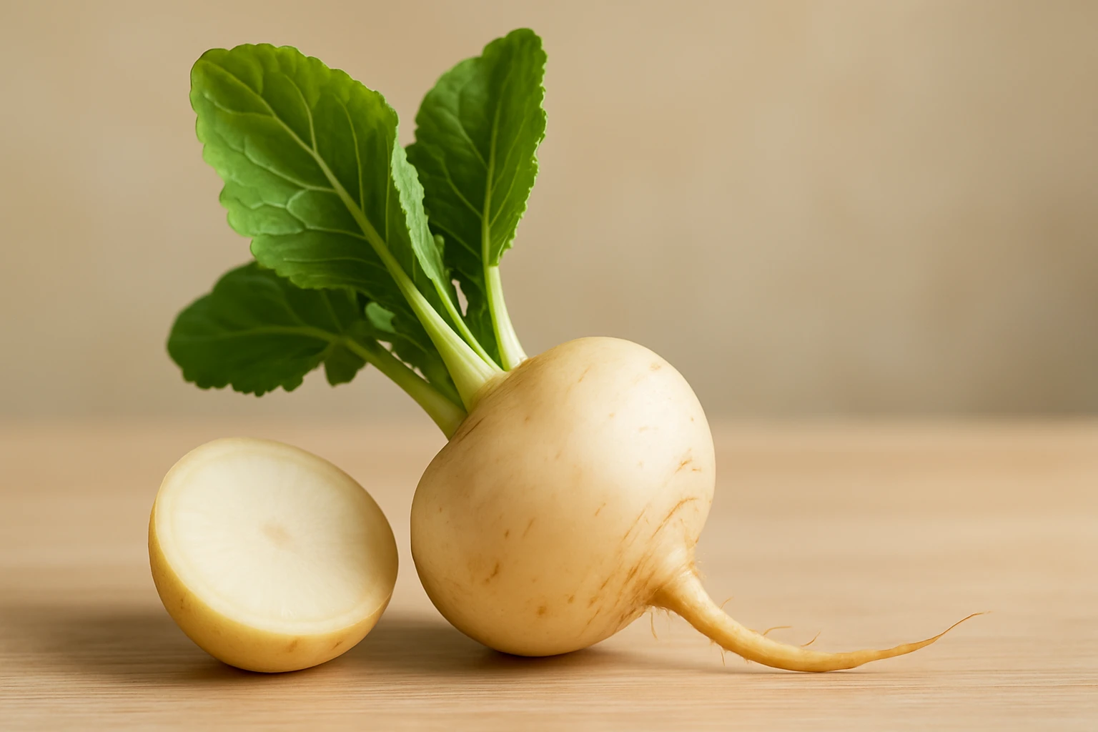 Friss fehér retek zöld levelekkel, félbevágva, fa háttér előtt.