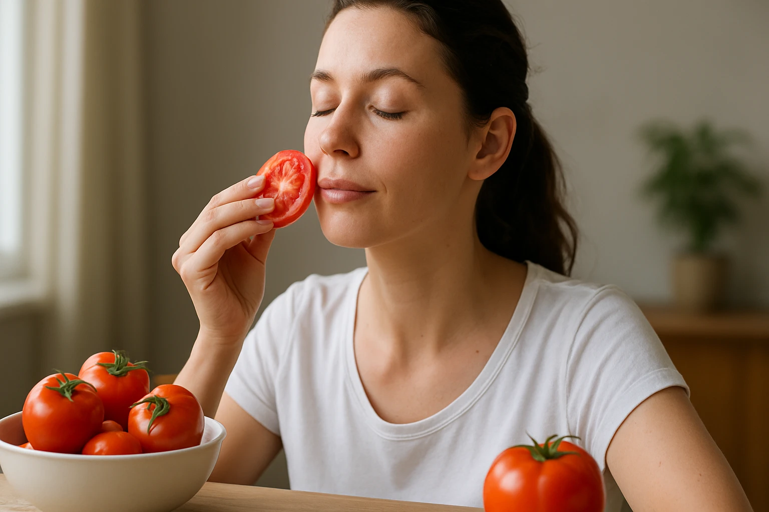 Egy nő friss paradicsomot tart a kezében, élvezi az illatát.