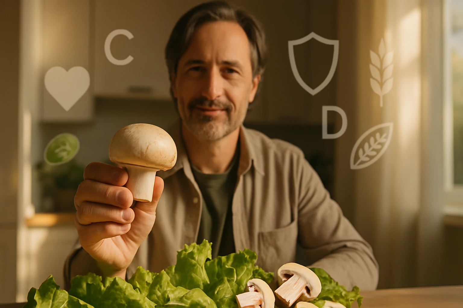 Egy férfi friss gombát tart a kezében, zöld salátával körülvéve.