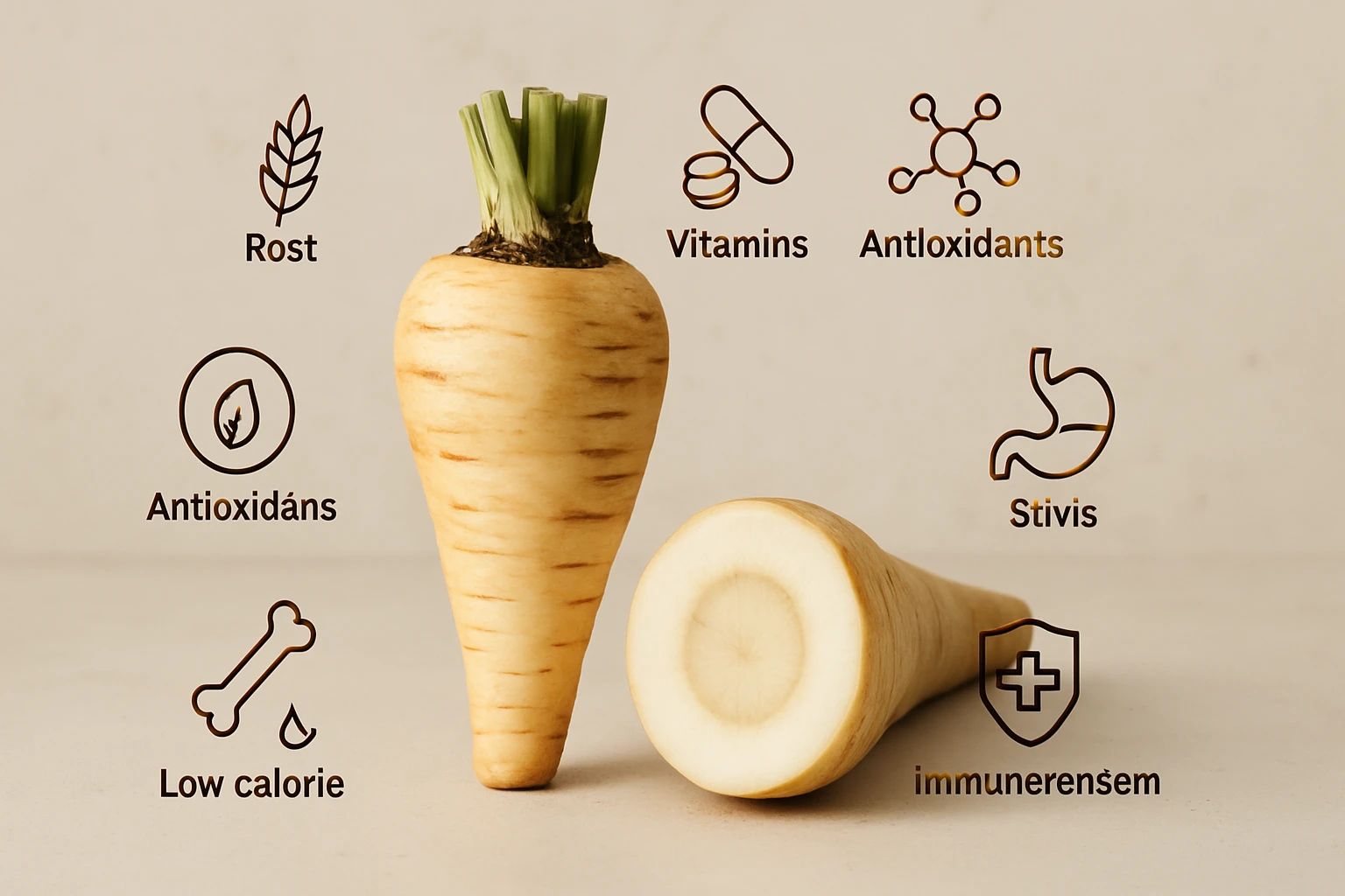 Egy fehér gyökérzöldség, amely mellett tápanyagok ikonja látható.