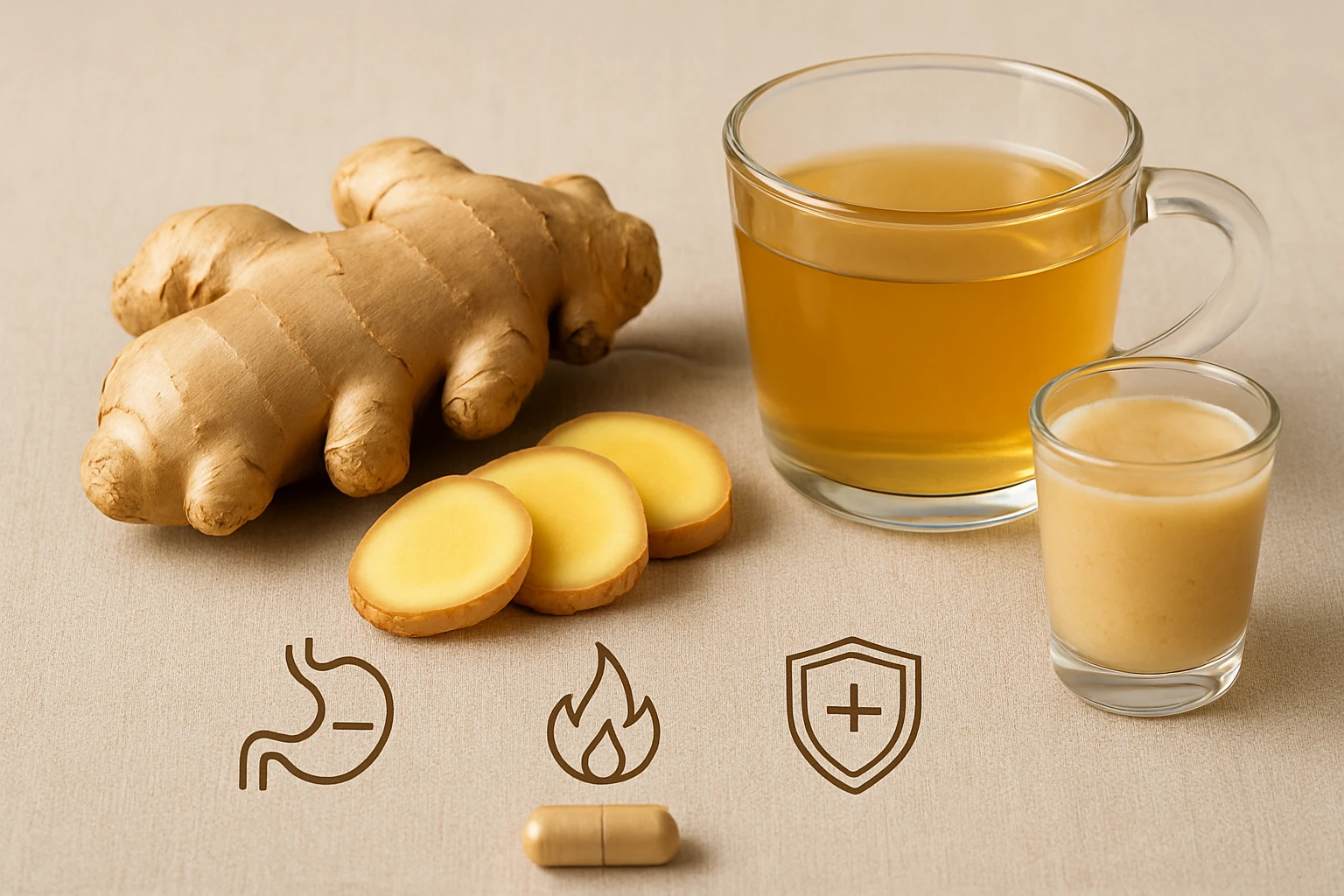 Friss gyömbérgyökér, szeletek és gyömbértea egy asztalon.