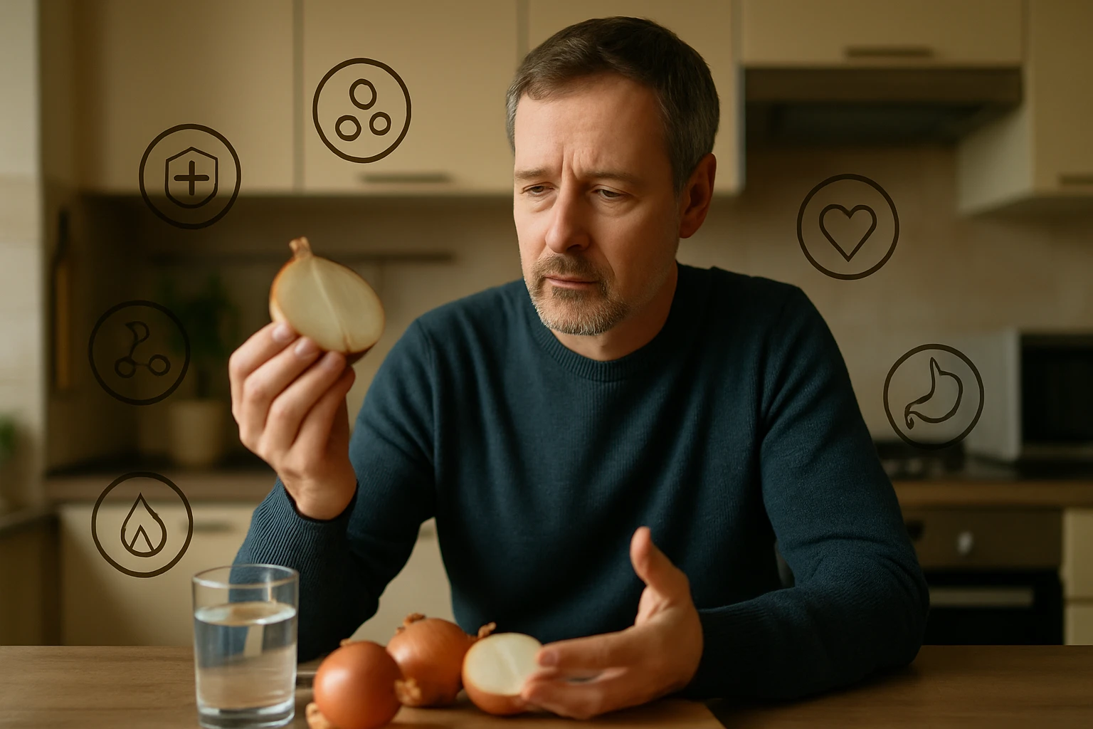 Egy férfi hagymát tart a kezében, miközben az egészségügyi előnyökre gondol.