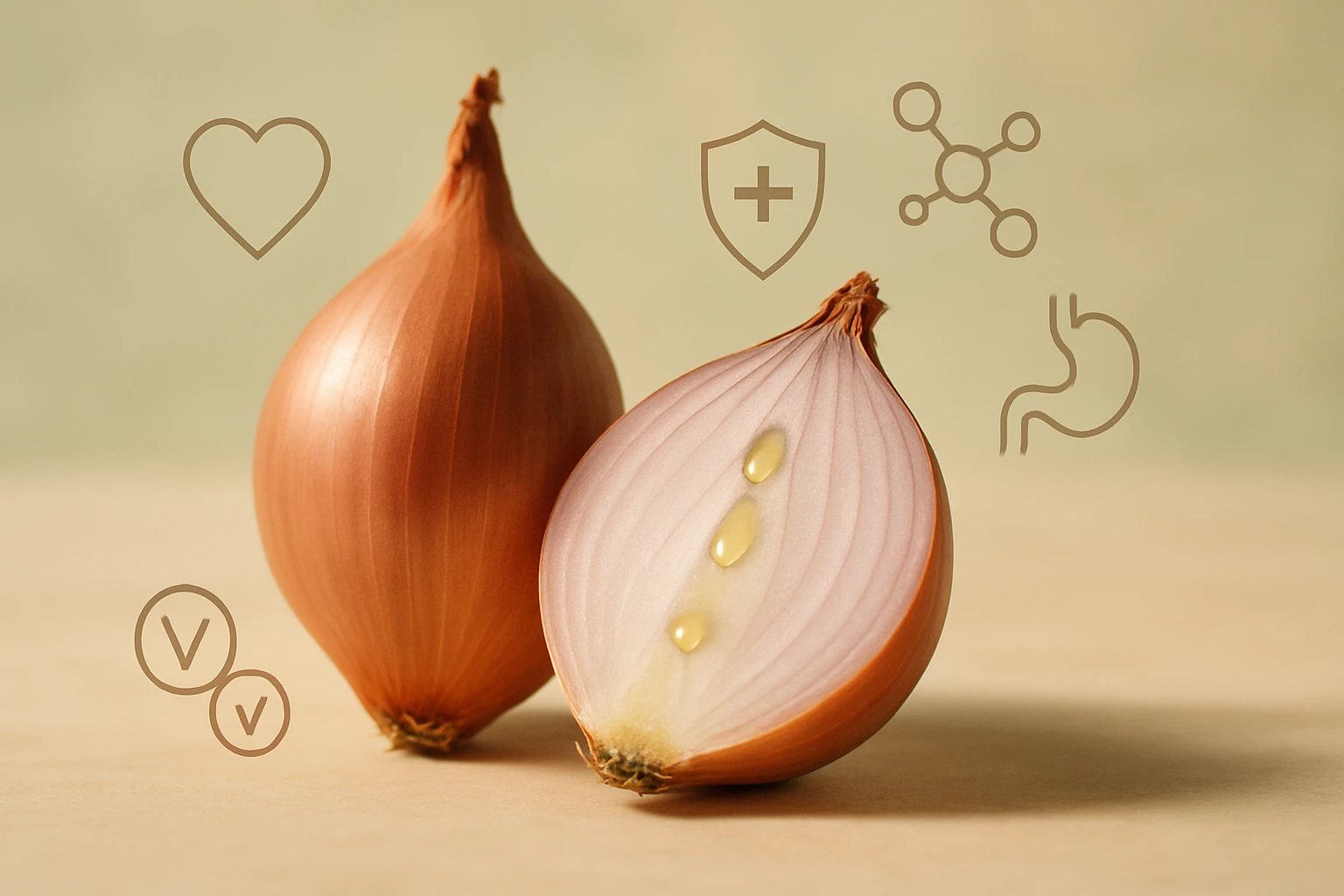 Két hagyma, az egyik félbevágva, cseppek láthatók a belsejében.