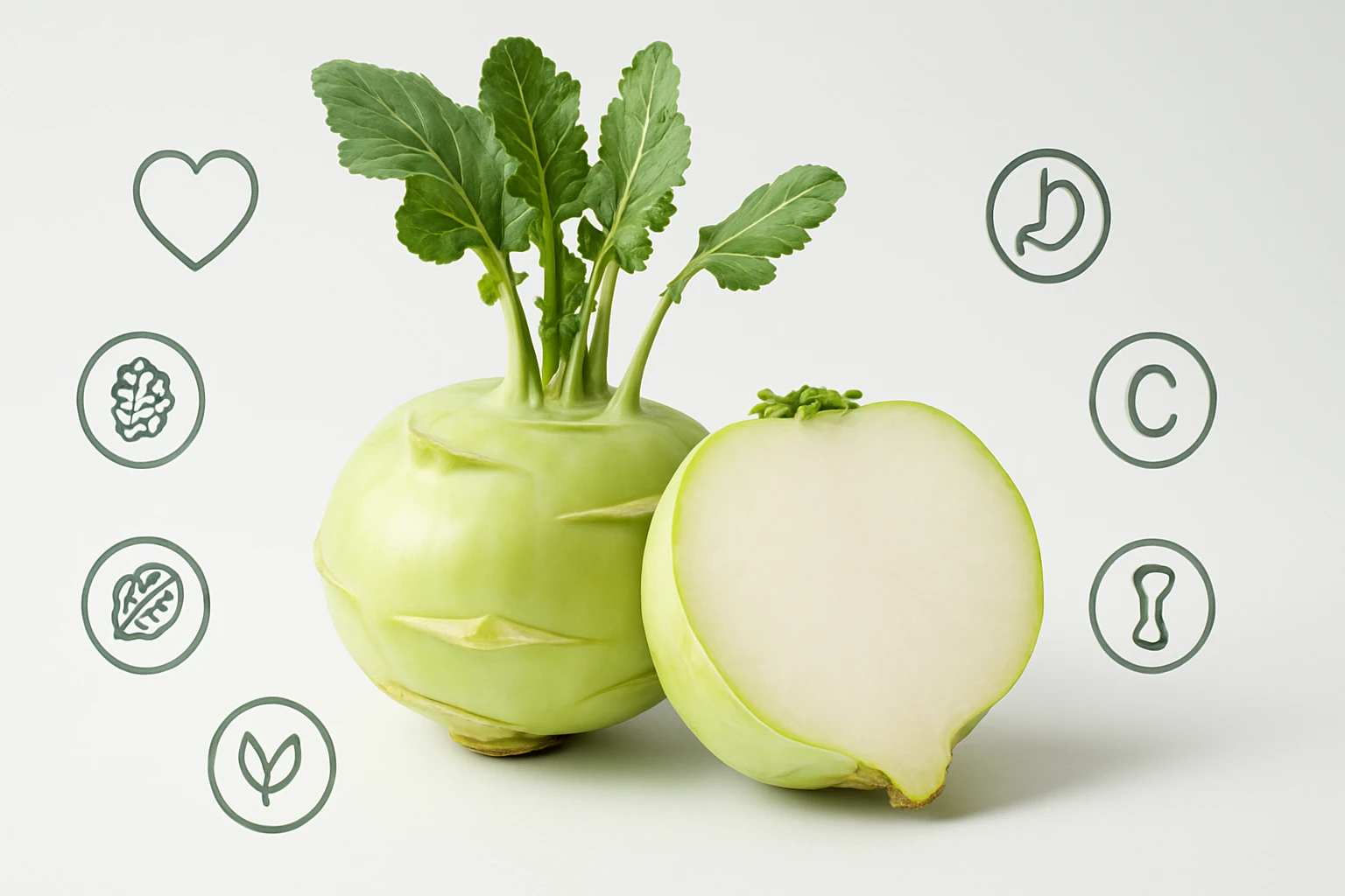 Két friss zöld káposzta, az egyik félbevágva, zöld levelekkel.