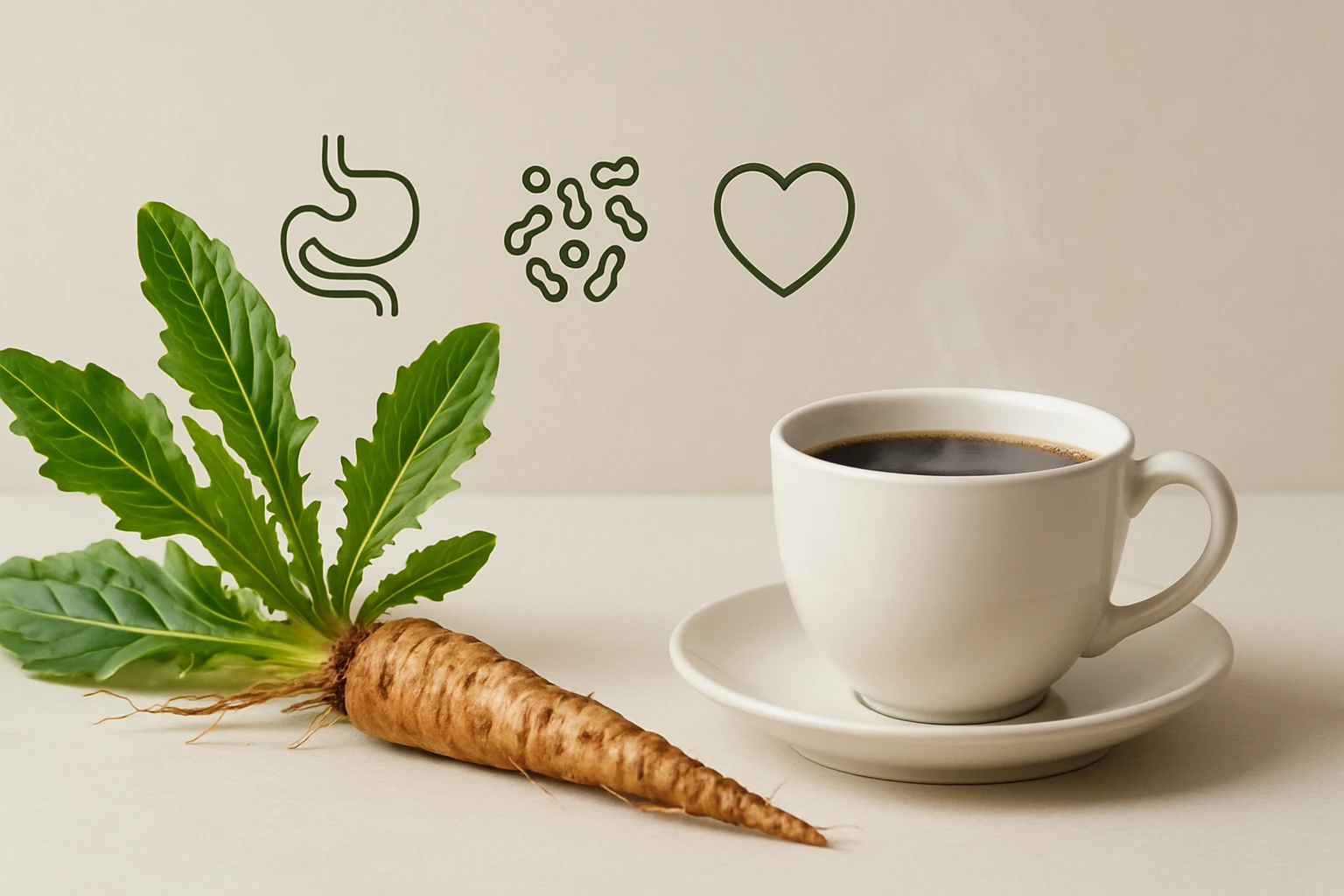 Egy csésze fekete kávé, mellette zöld levelek és gyökér látható.