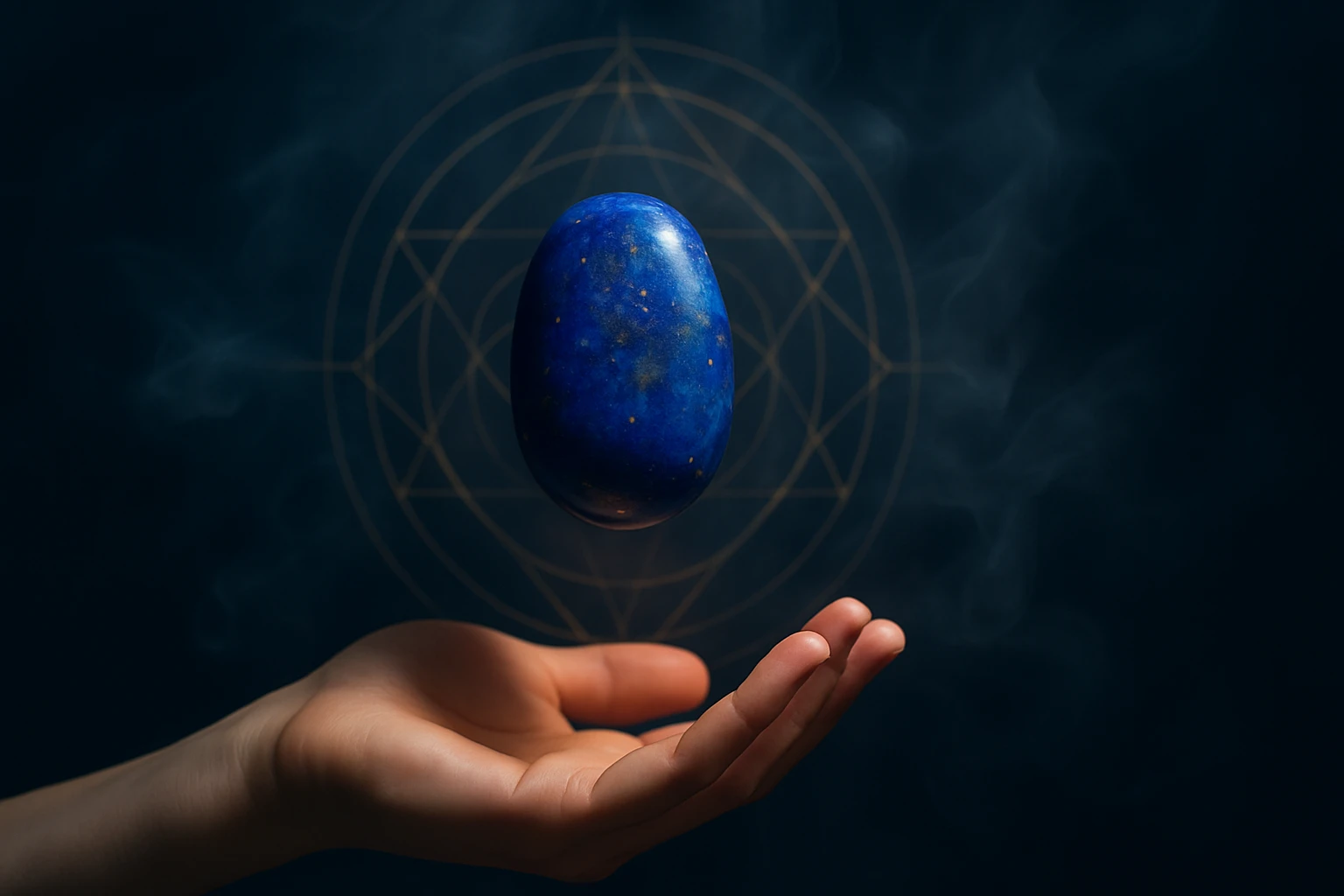 Egy kézben lebegő kék ásvány, háttérben misztikus szimbólumokkal.