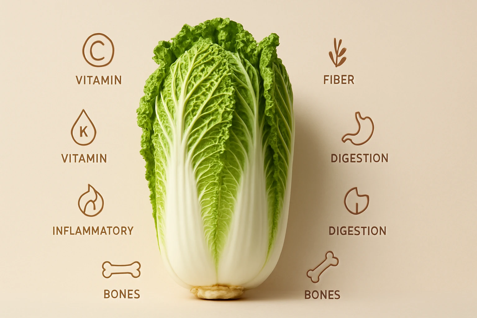 Egy friss kínai kel, mellette vitaminok és tápanyagok ikonjaival.
