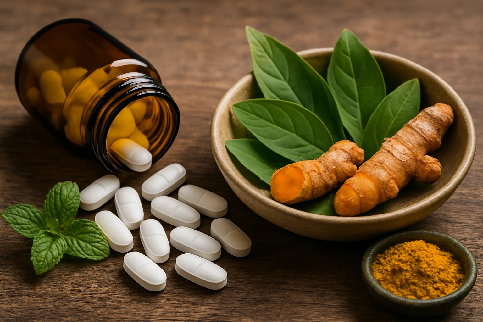 Fehér kapszulák, kurkuma gyökerek és friss levelek egy tálban.