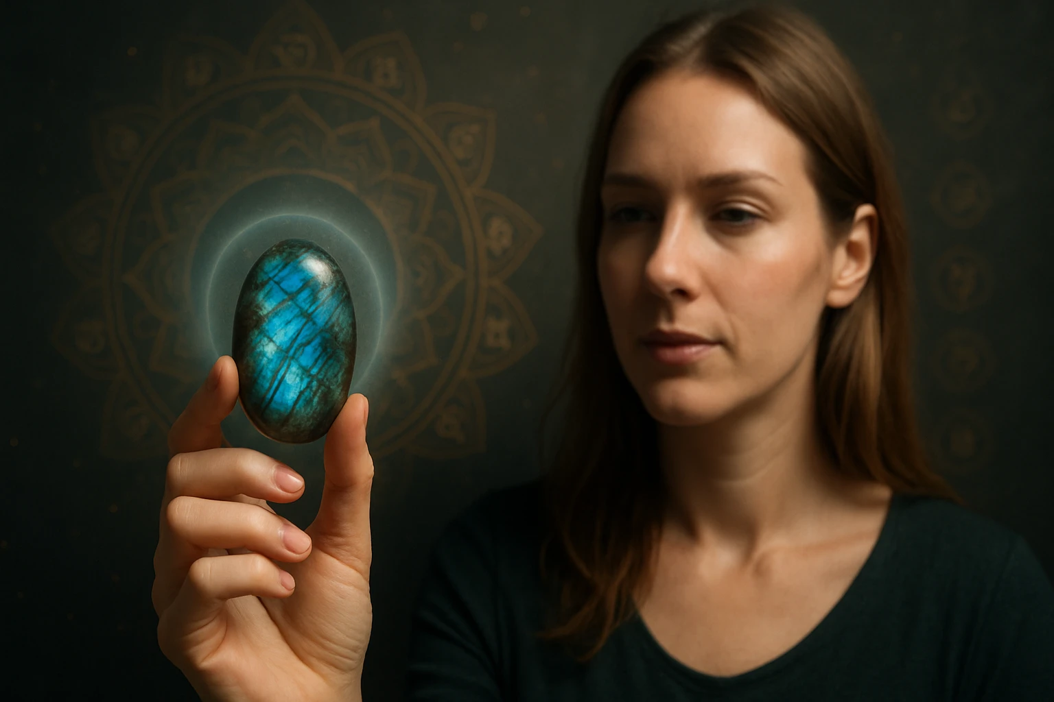 Egy nő egy kékes árnyalatú követ tart a kezében, meditáló háttér előtt.