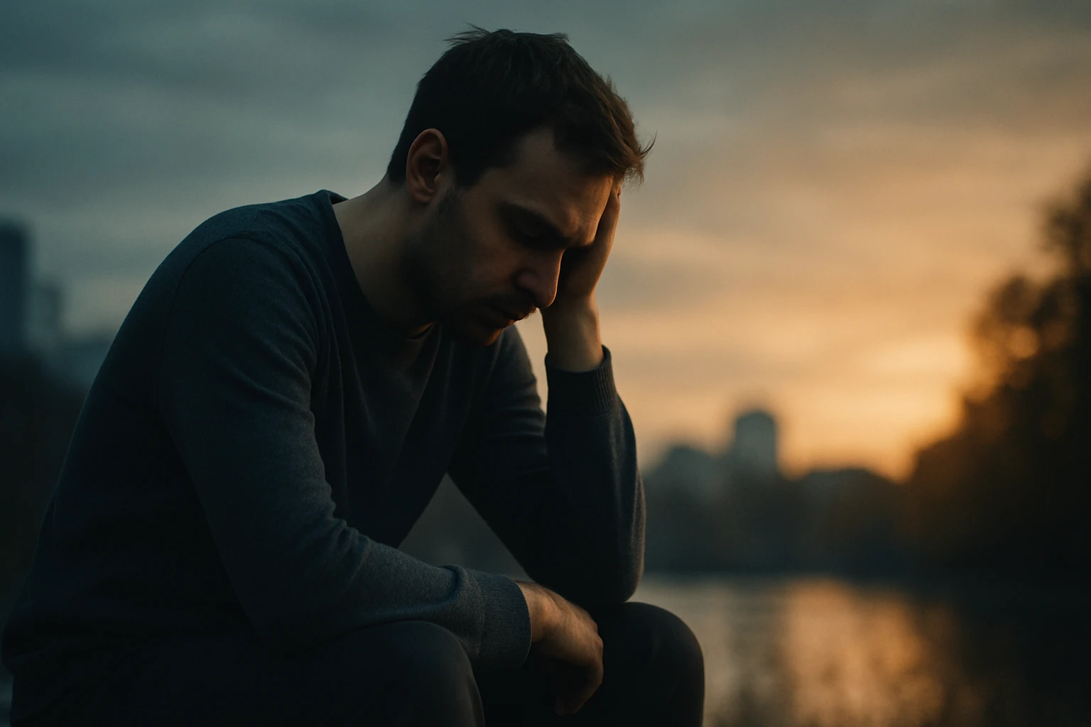 Egy férfi szomorúan ül a vízparton, kezét a homlokára téve, háttérben naplemente.