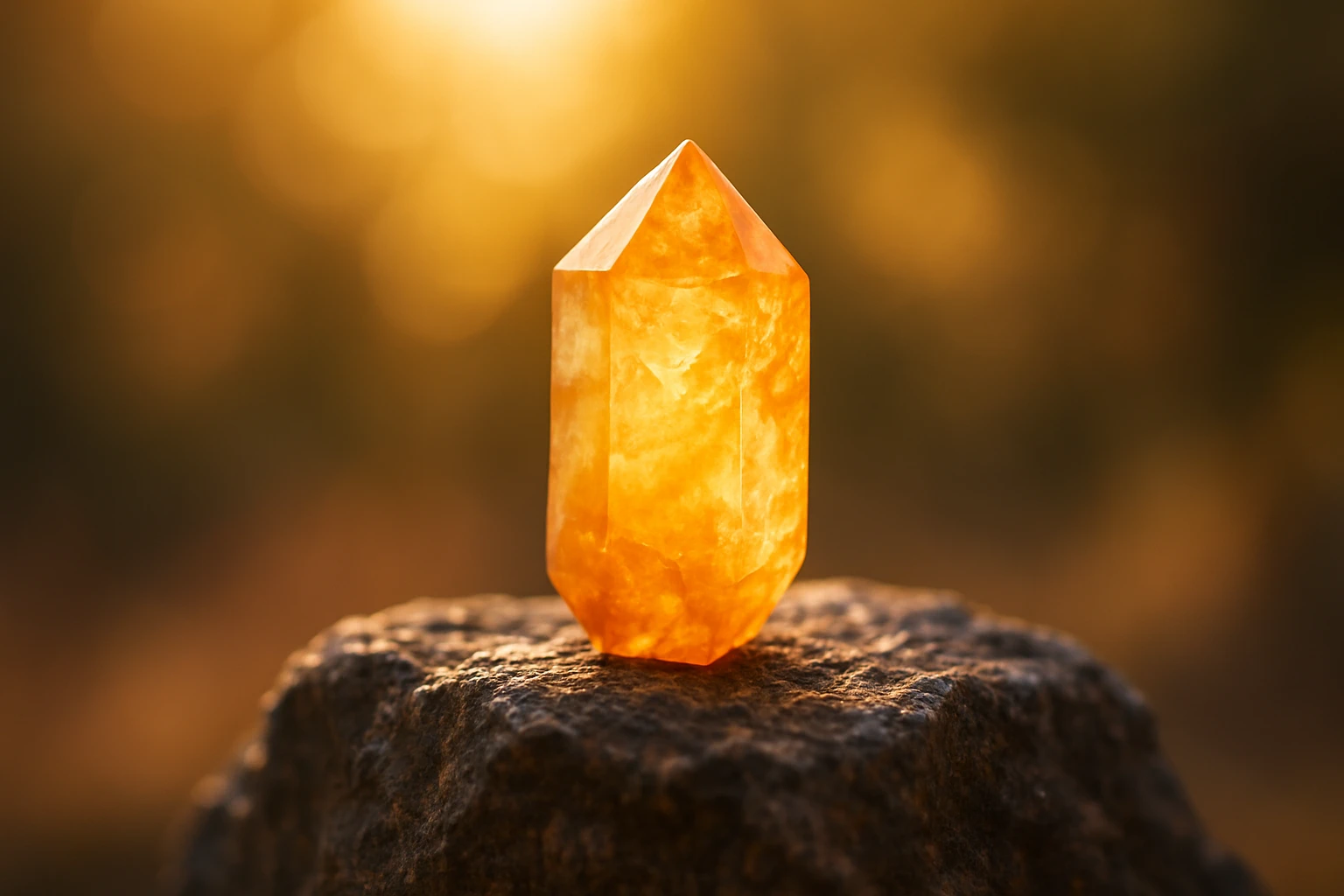 Egy narancssárga kristály áll egy sziklán, háttérben lágy fényekkel.