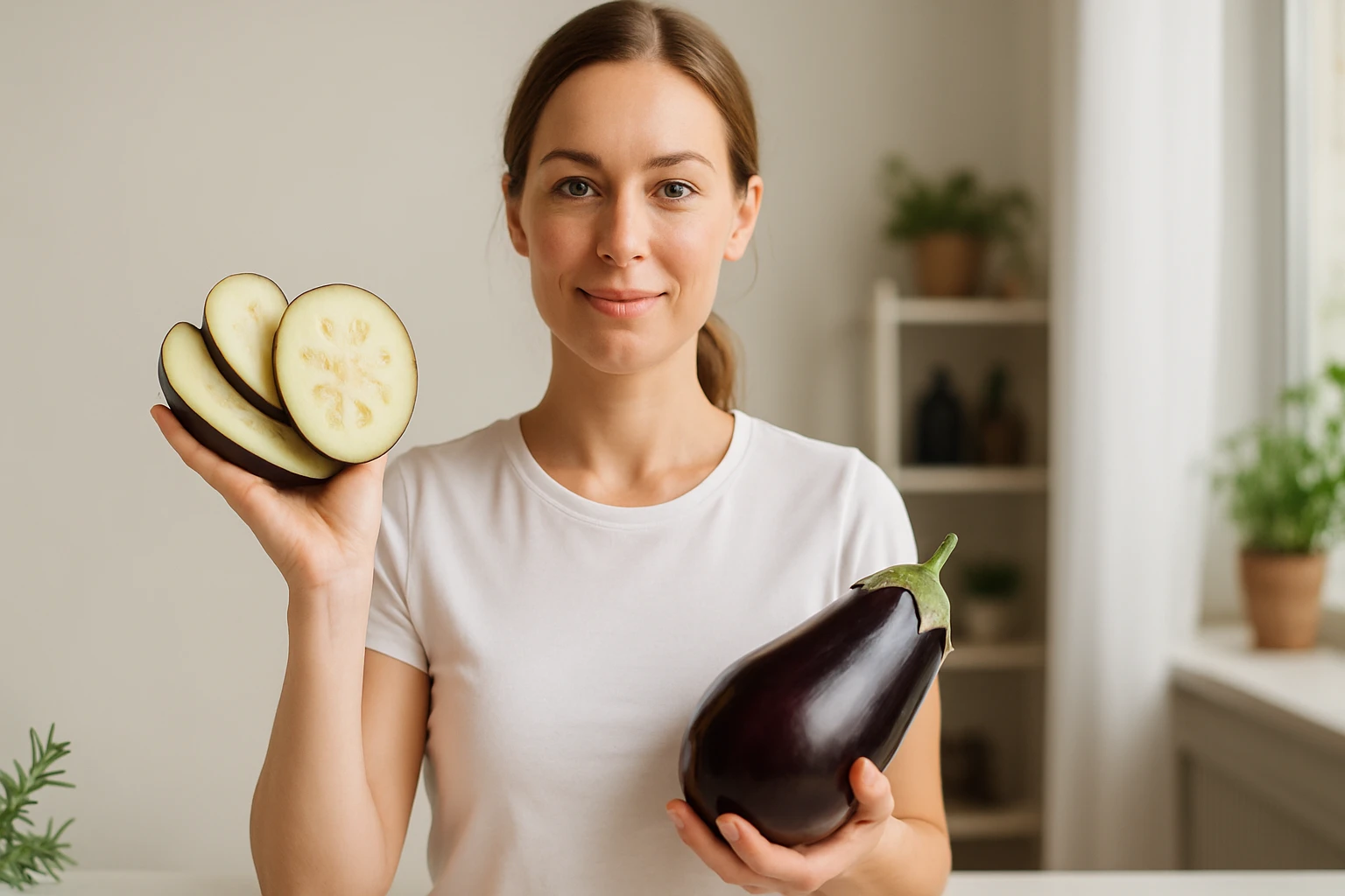 Egy nő padlizsánt és szeletelt padlizsánt tart a kezében, mosolyogva.