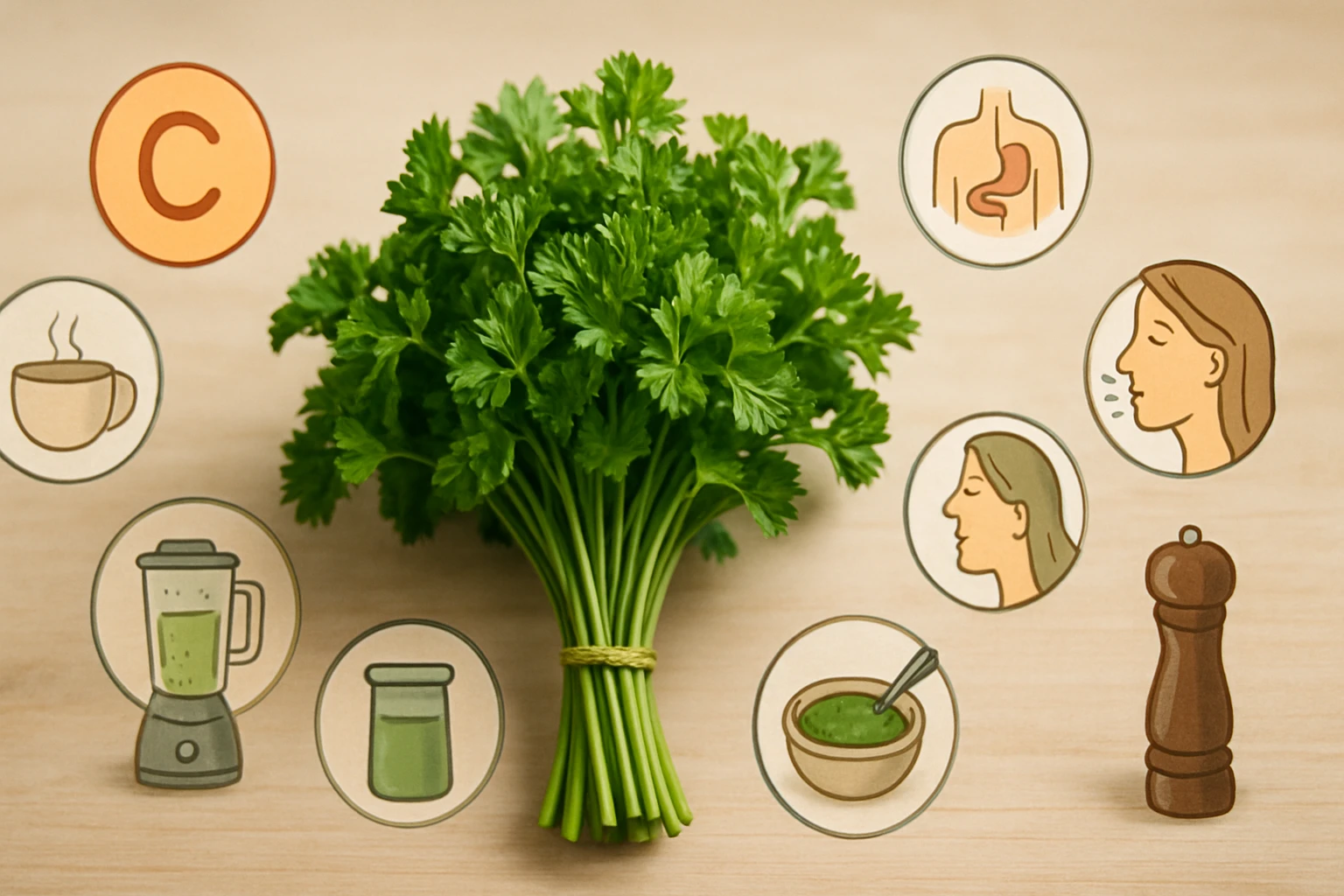 Friss petrezselyemcsokor, körülötte egészséges életmódot jelképező ikonok.