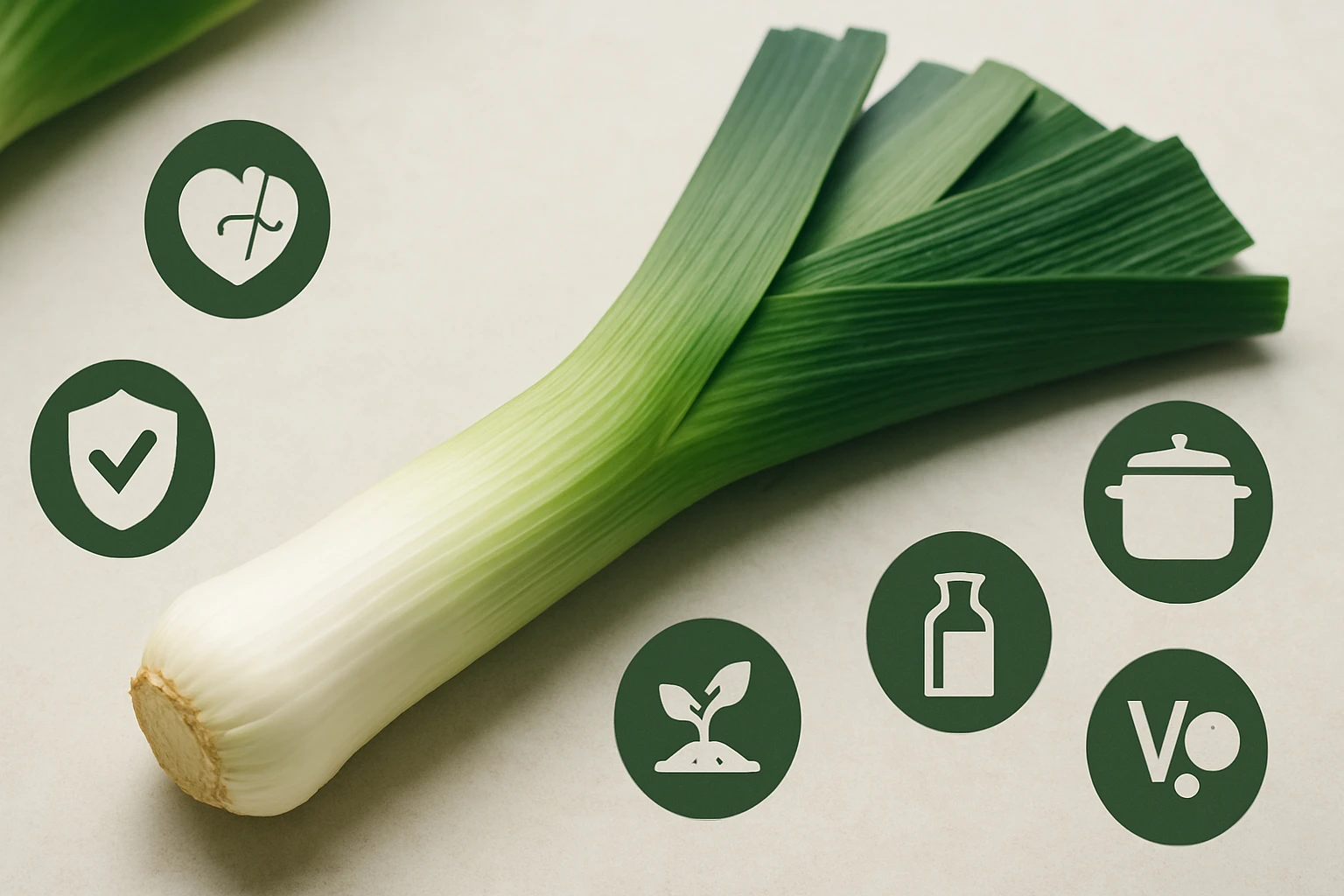 Friss póréhagyma, mellette egészségi és táplálkozási ikonokkal.