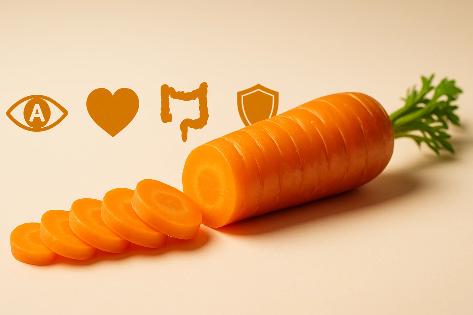 Friss sárgarépa, szeletekre vágva, egészséges táplálkozás szimbólumaival.