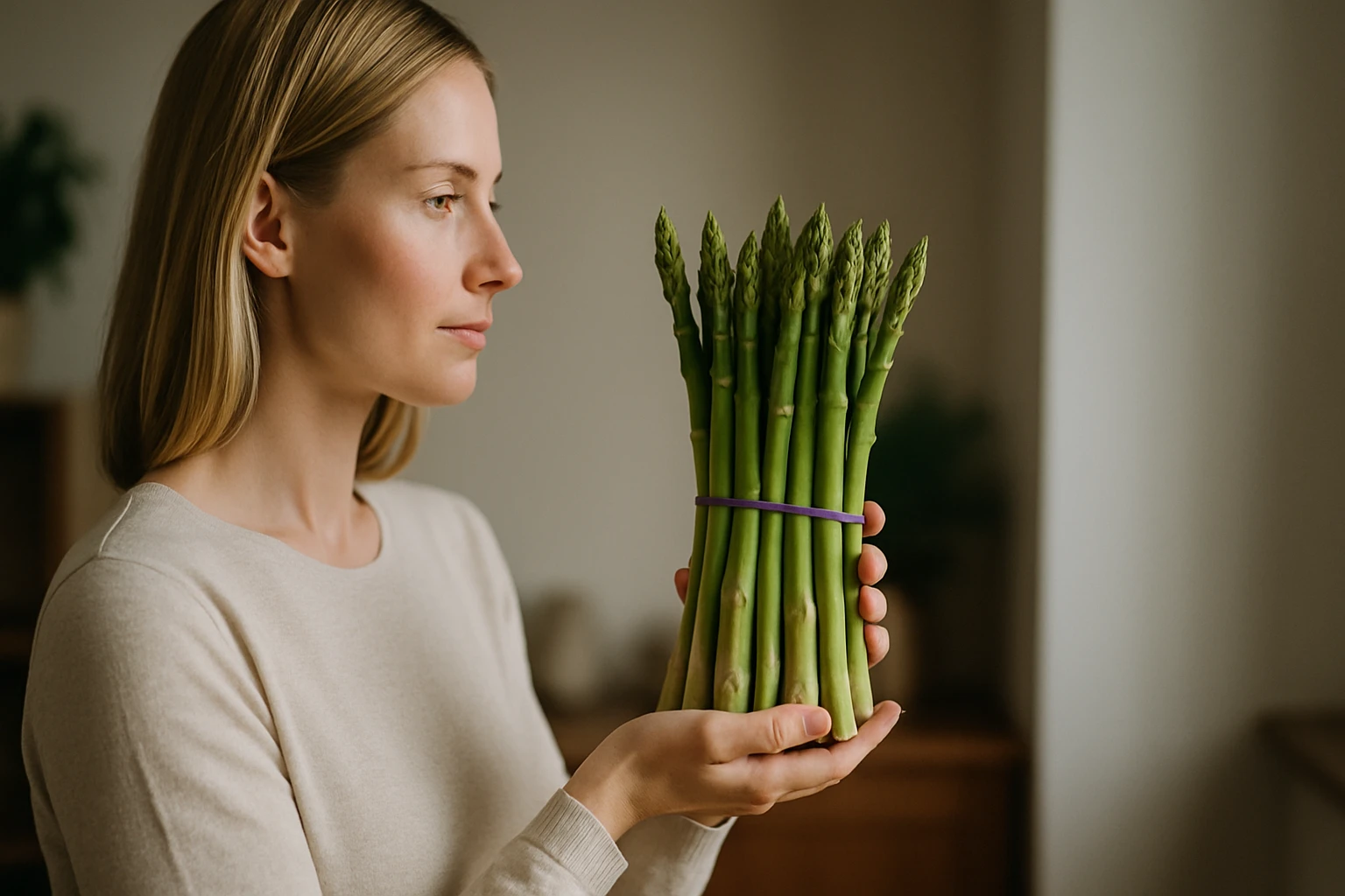 Egy nő zöld spárgát tart a kezében, figyelmes arckifejezéssel.