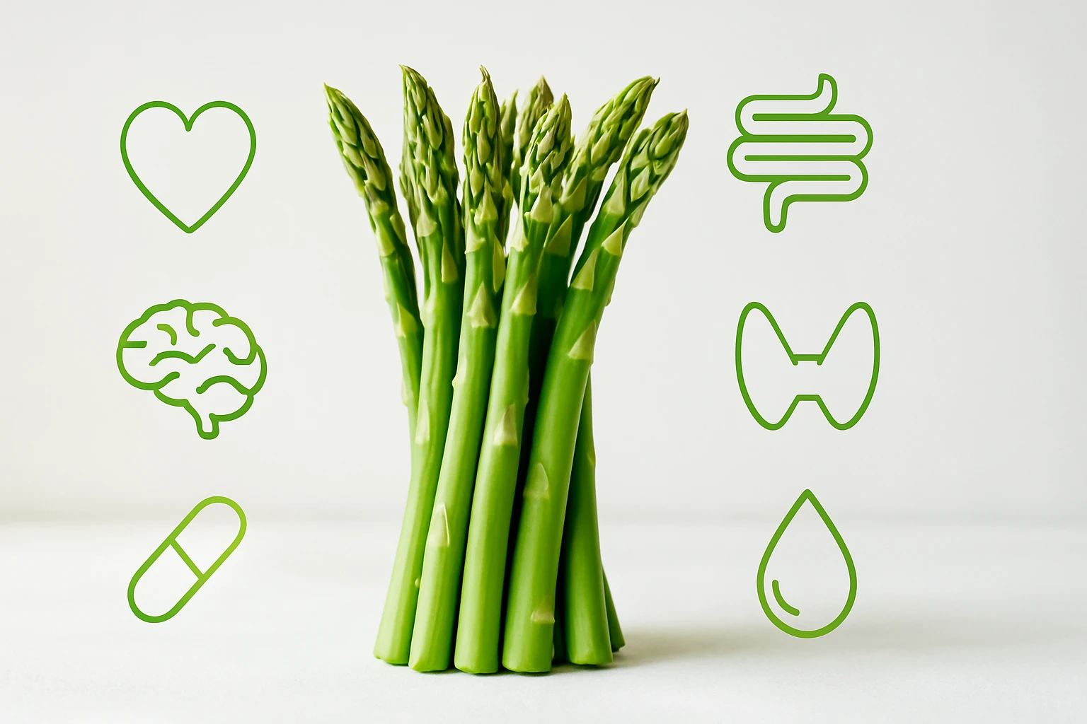 Friss zöld spárga áll egy fehér háttér előtt, körülötte egészségi ikonokkal.