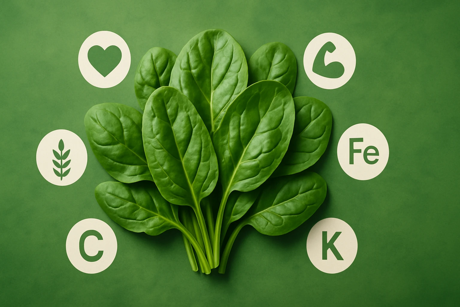 Friss spenótlevelek zöld háttérrel, kör alakú ikonokkal a tápanyagokról.