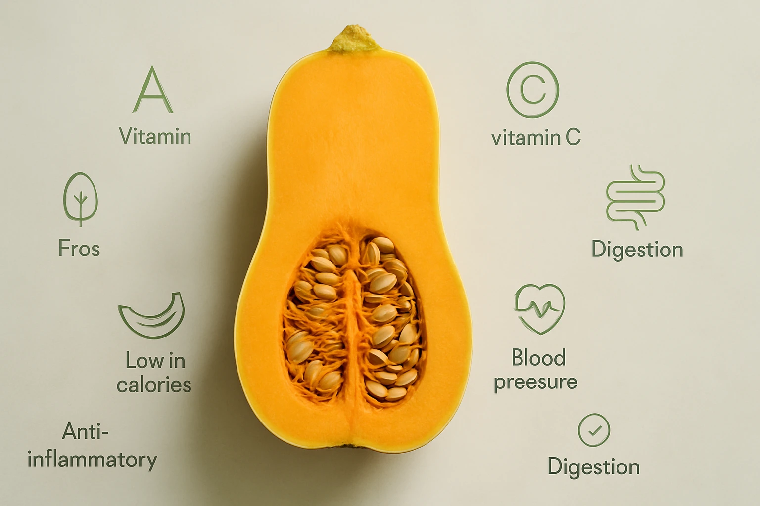 Félbevágott sütőtök, mellette egészségi előnyökkel kapcsolatos ikonok és szövegek.