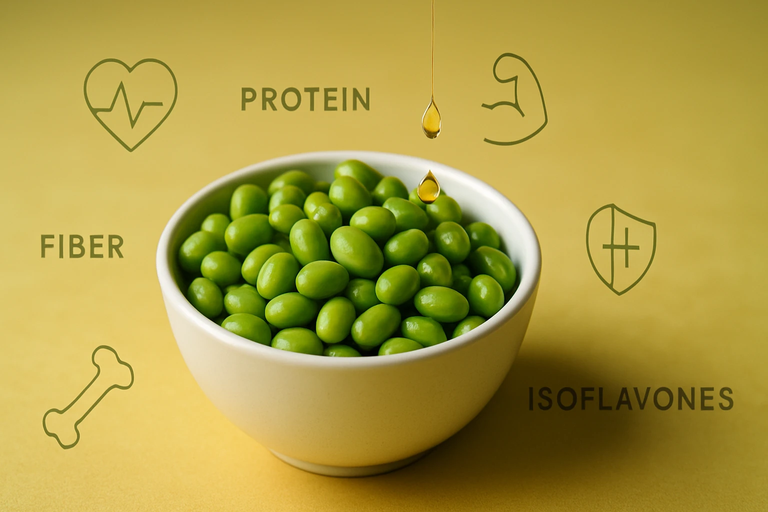 Egy fehér tálban zöld szójababok láthatók, egészséges tápanyagokkal.