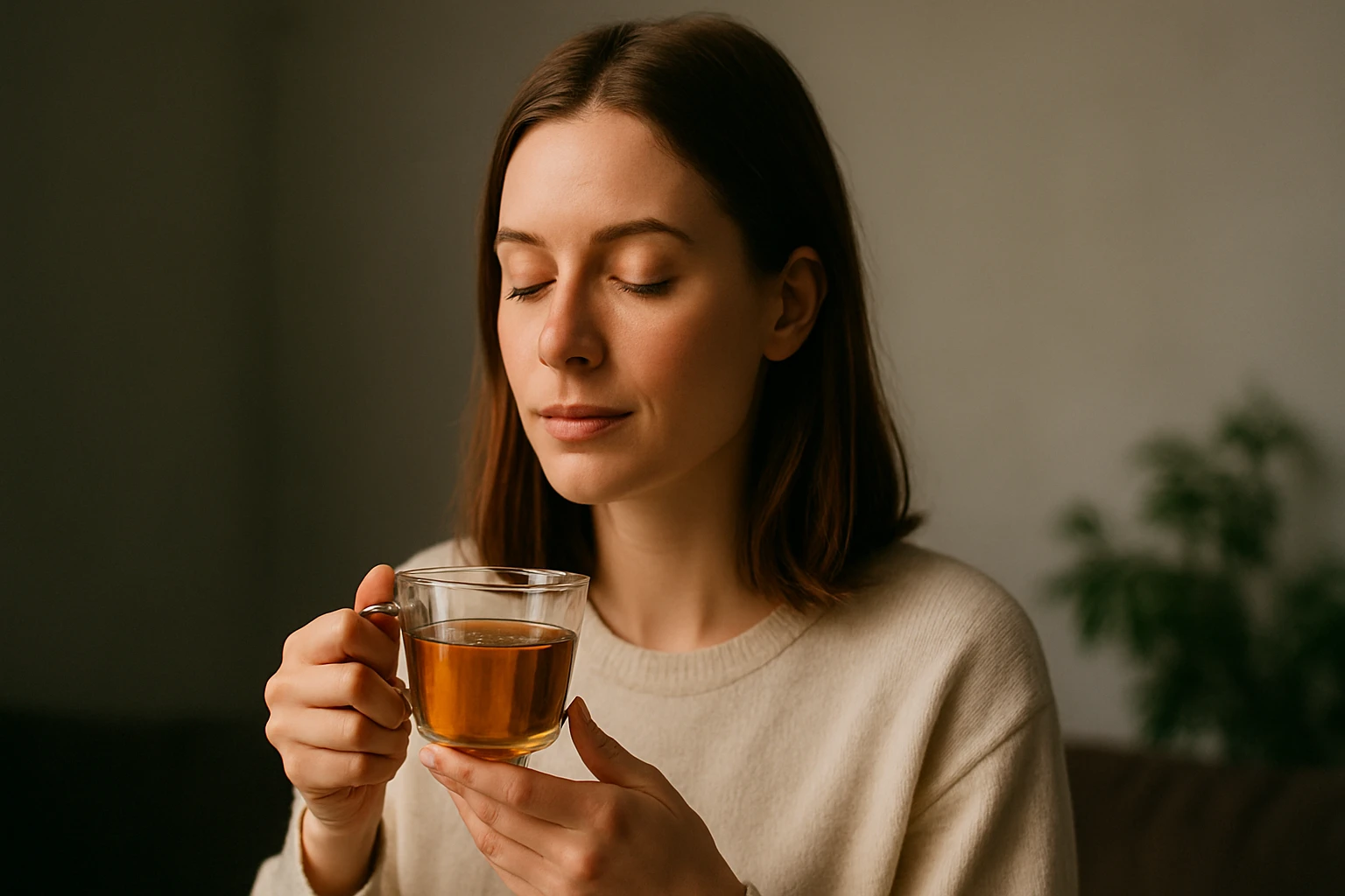 Egy fiatal nő csésze teát tart a kezében, szemét lehunyva élvezi az italt.