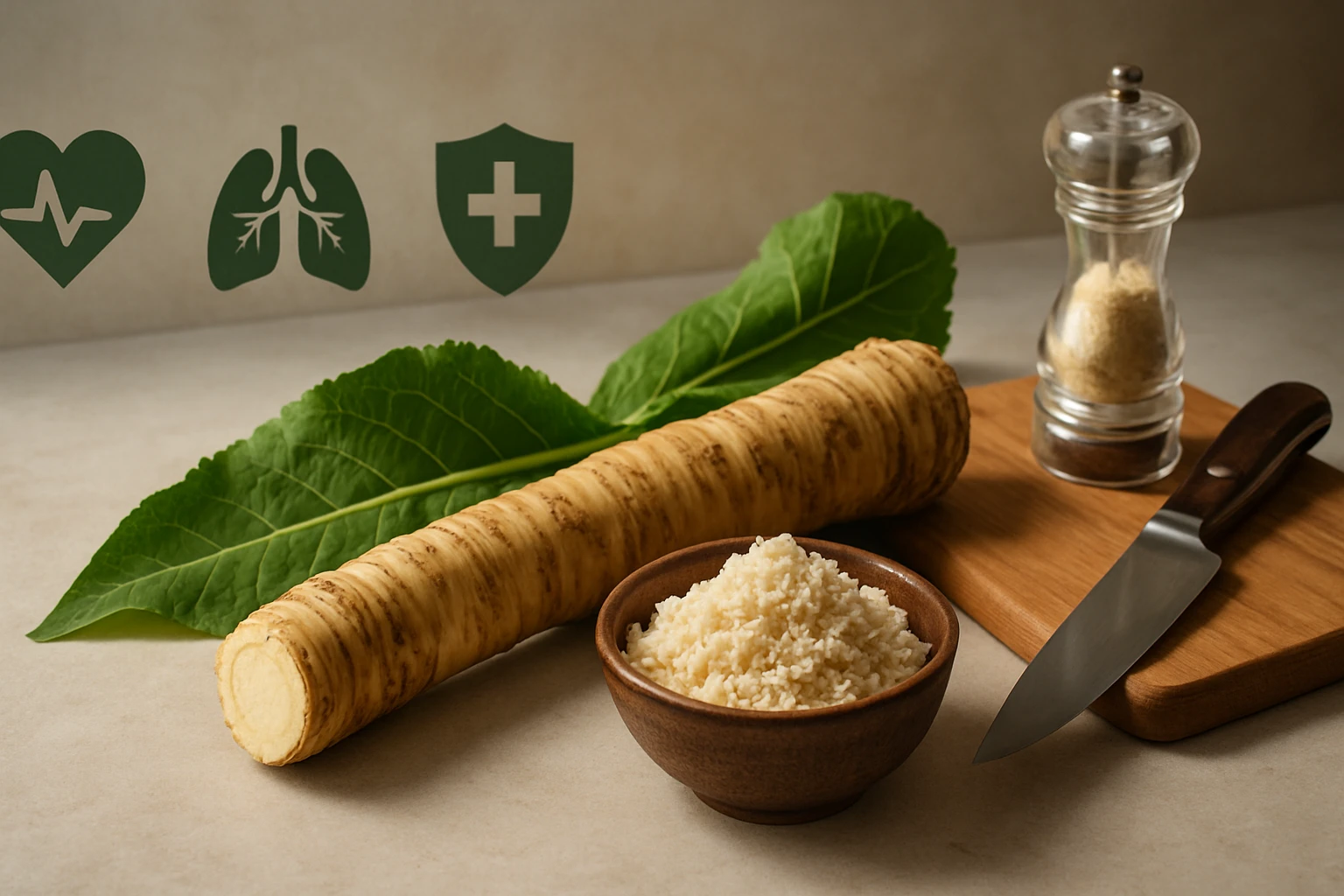 Friss torma gyökér, levelek és reszelt torma egy fából készült deszkán.