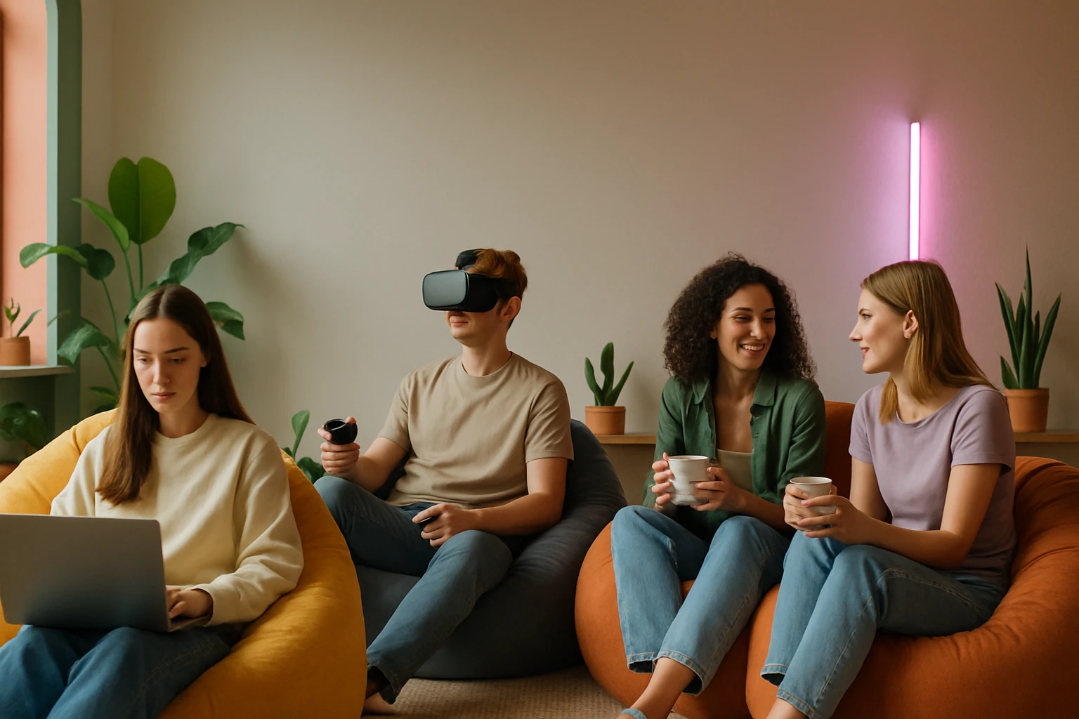 Fiatalok egy modern szobában, ahol VR-t játszanak és beszélgetnek.