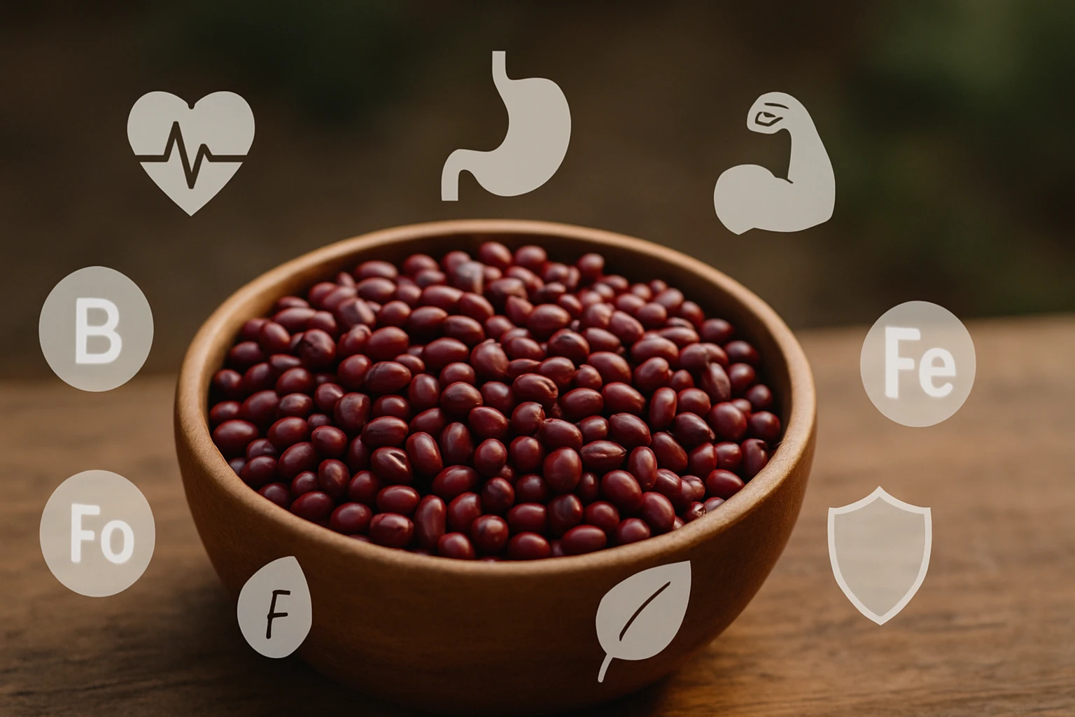 Egy tál vörösbab, körülötte tápanyagok ikonjaival, mint a vas és vitaminok.
