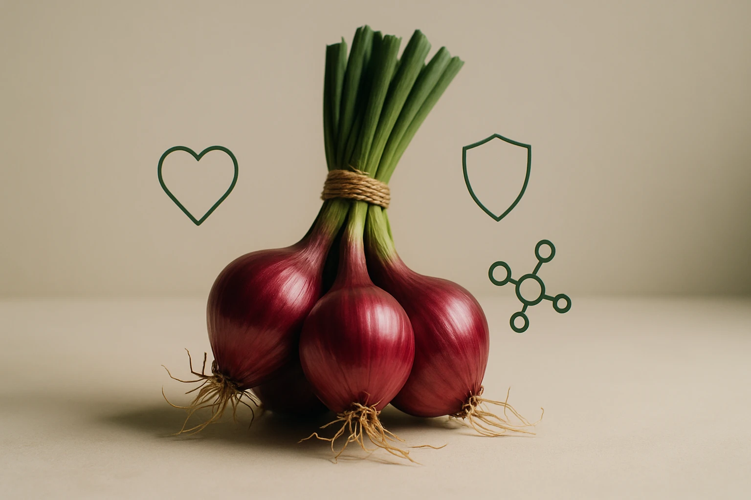 Három vöröshagyma zöld szárakkal, egészségügyi szimbólumokkal körülvéve.