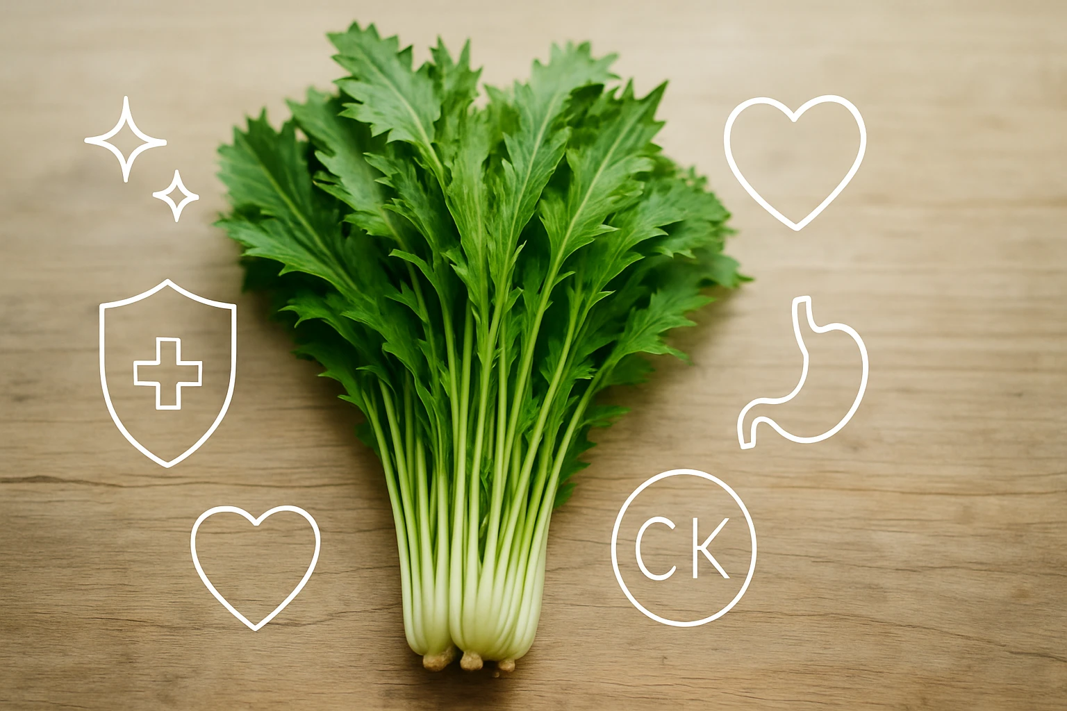 Friss zeller levélzöldek egy fából készült asztalon, egészséges szimbólumokkal.