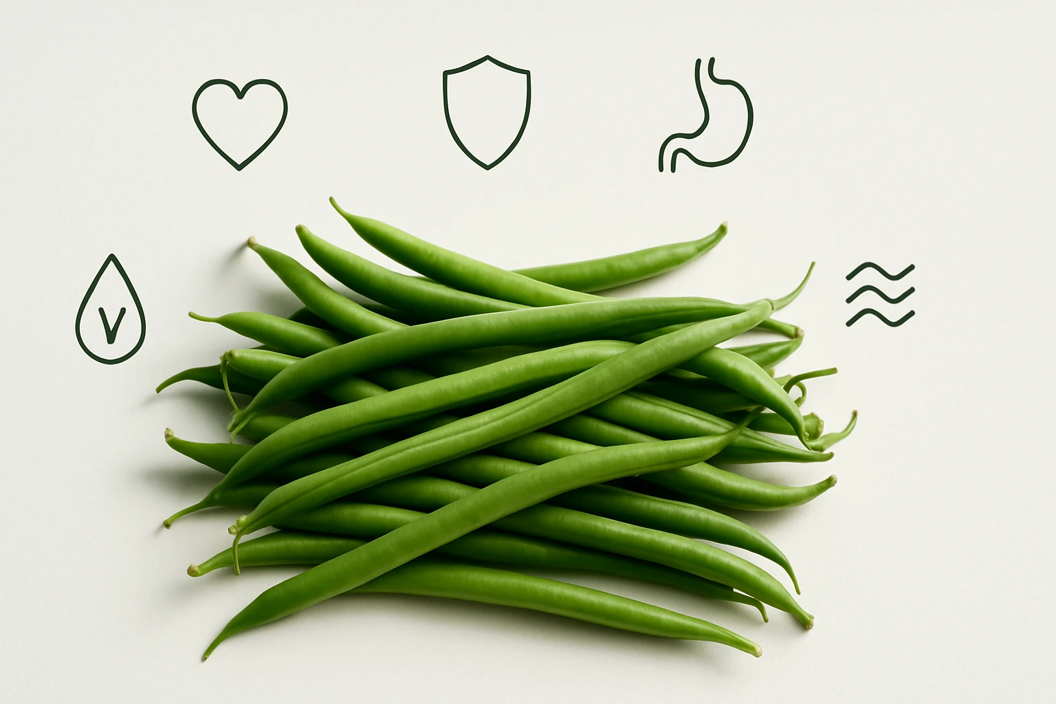 Friss zöldbab halom, körülötte egészségügyi ikonok, mint szív és pajzs.