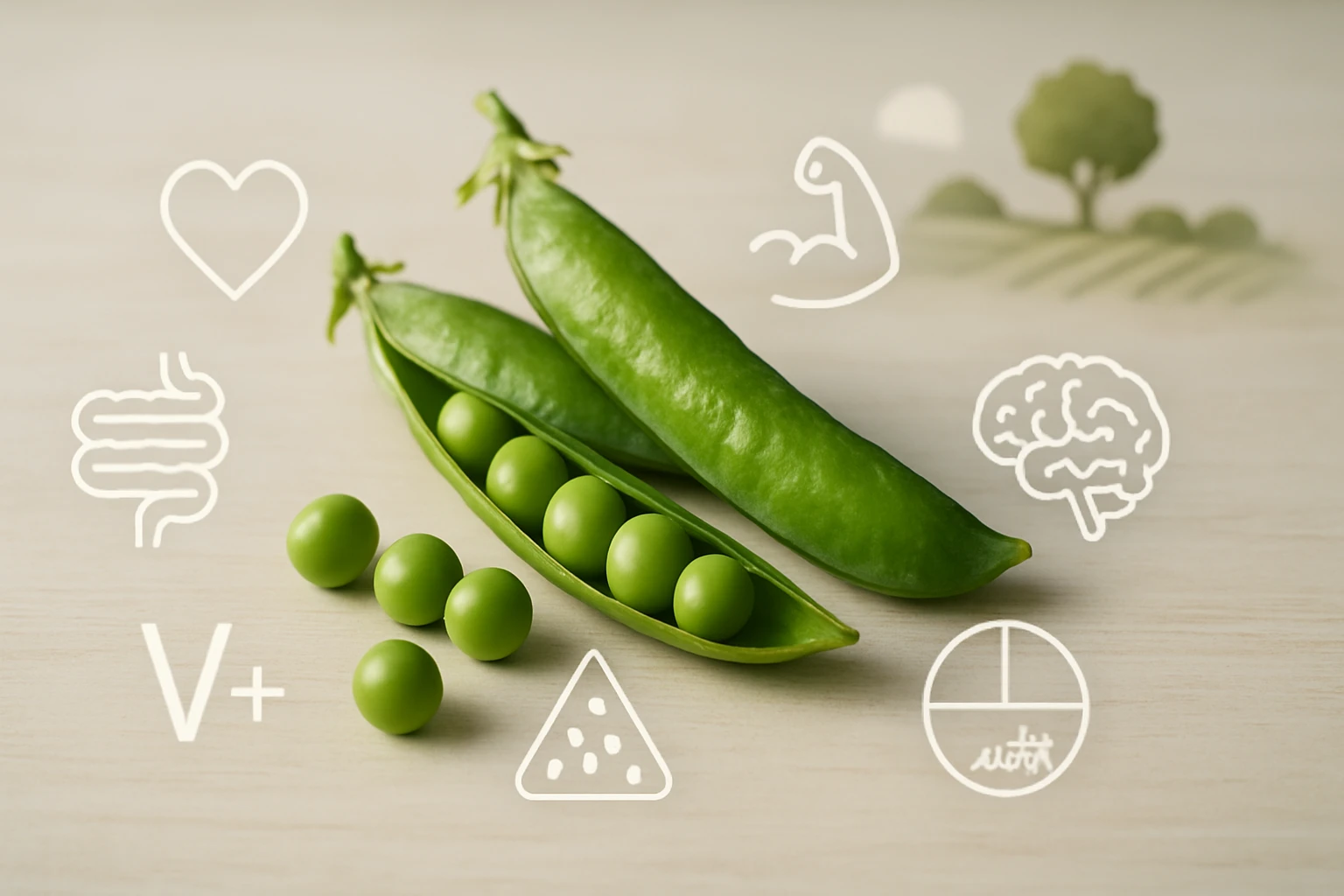 Friss zöldborsó hüvelyek és borsószemek, egészséges táplálkozás szimbólumaival.