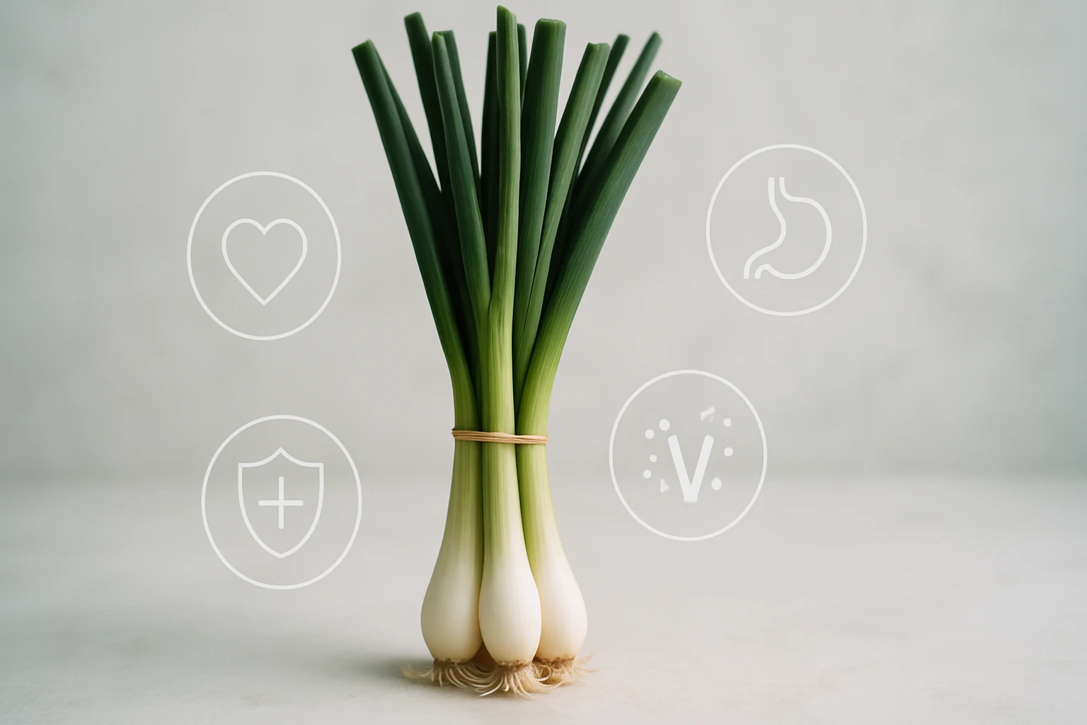 Friss zöldhagyma csokor, körülötte egészségügyi ikonokkal.