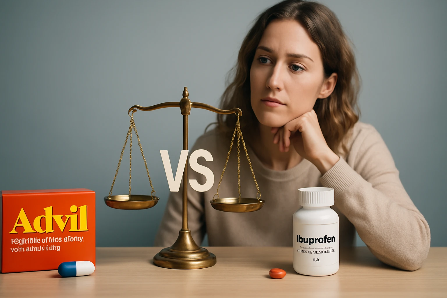 Egy nő gondolkodik, miközben az Advil és az Ibuprofen gyógyszerek mérlegelése látható.