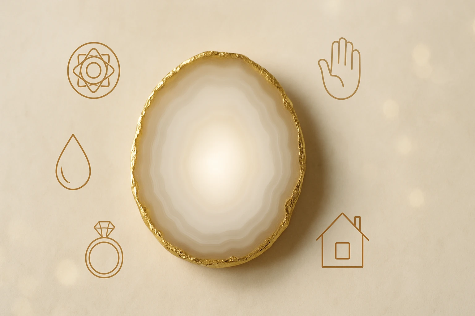 Egy gyönyörű, aranyszegélyű agátkő, körülötte szimbólumokkal.