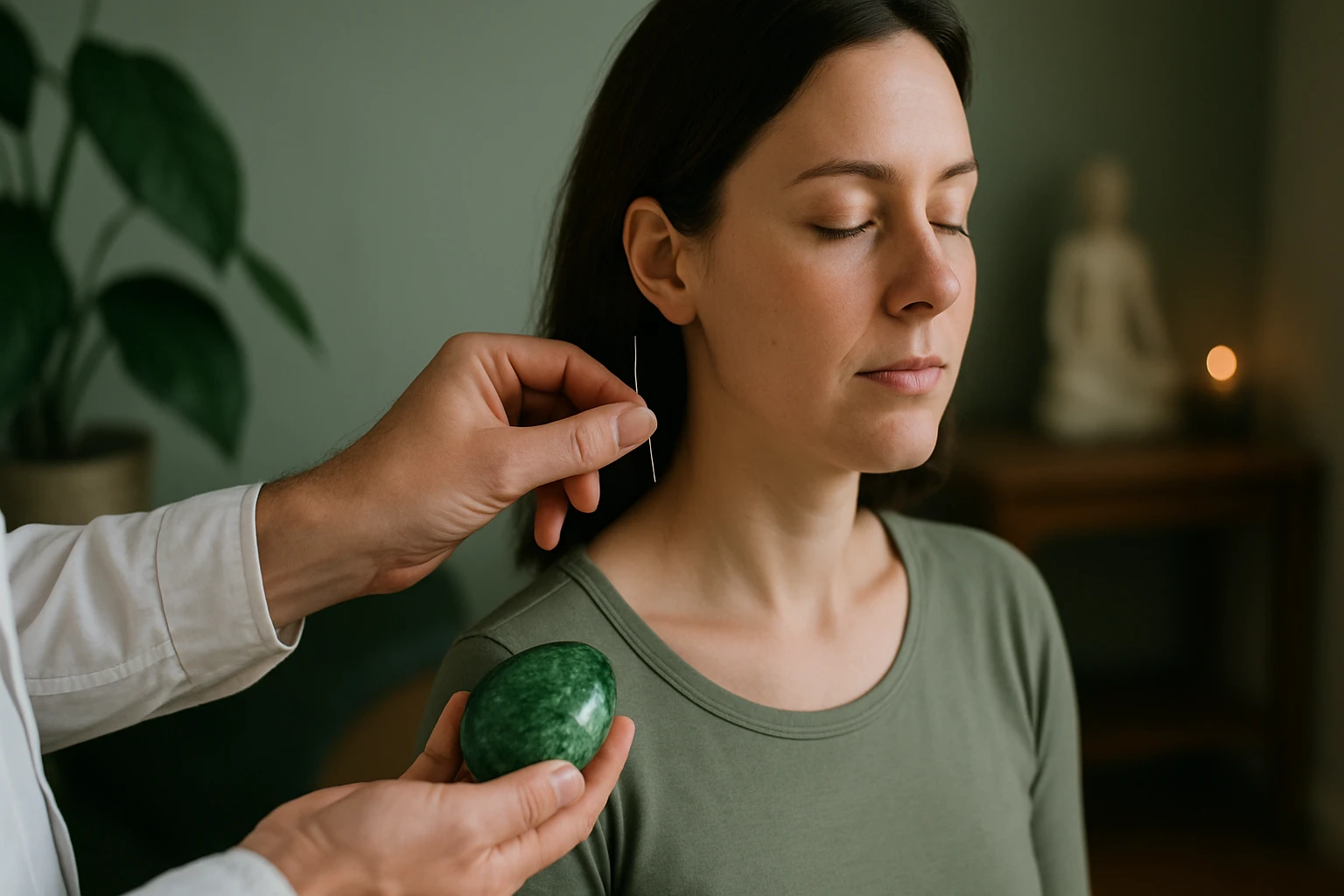 Egy nő relaxál, miközben akupunktúrás kezelést kap, zöld kövekkel.