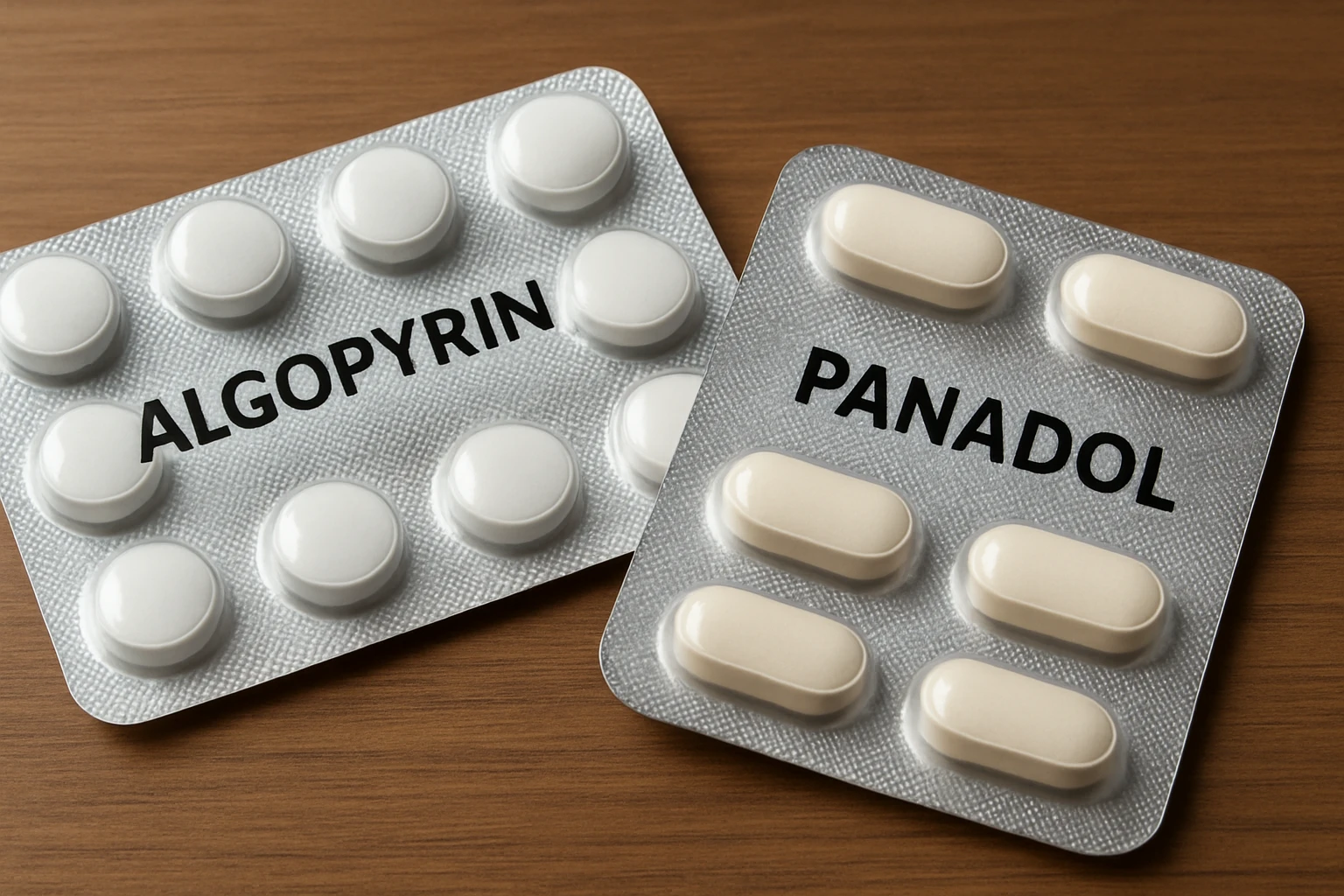 Két gyógyszerbliszter, az Algopyrin és a Panadol látható egy faasztalon.
