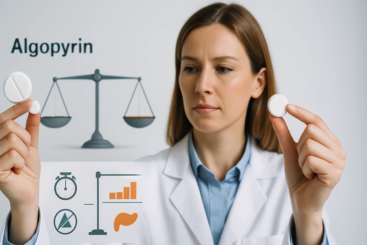 Egy orvos két különböző Algopyrin tablettát tart a kezében, háttérben mérleggel.
