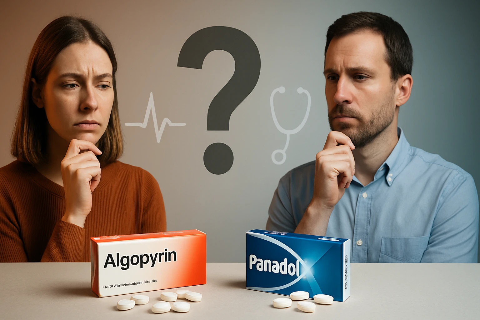 Két ember, akik Algopyrin és Panadol dobozok között gondolkodnak, egészségügyi kérdésekkel foglalkozva.