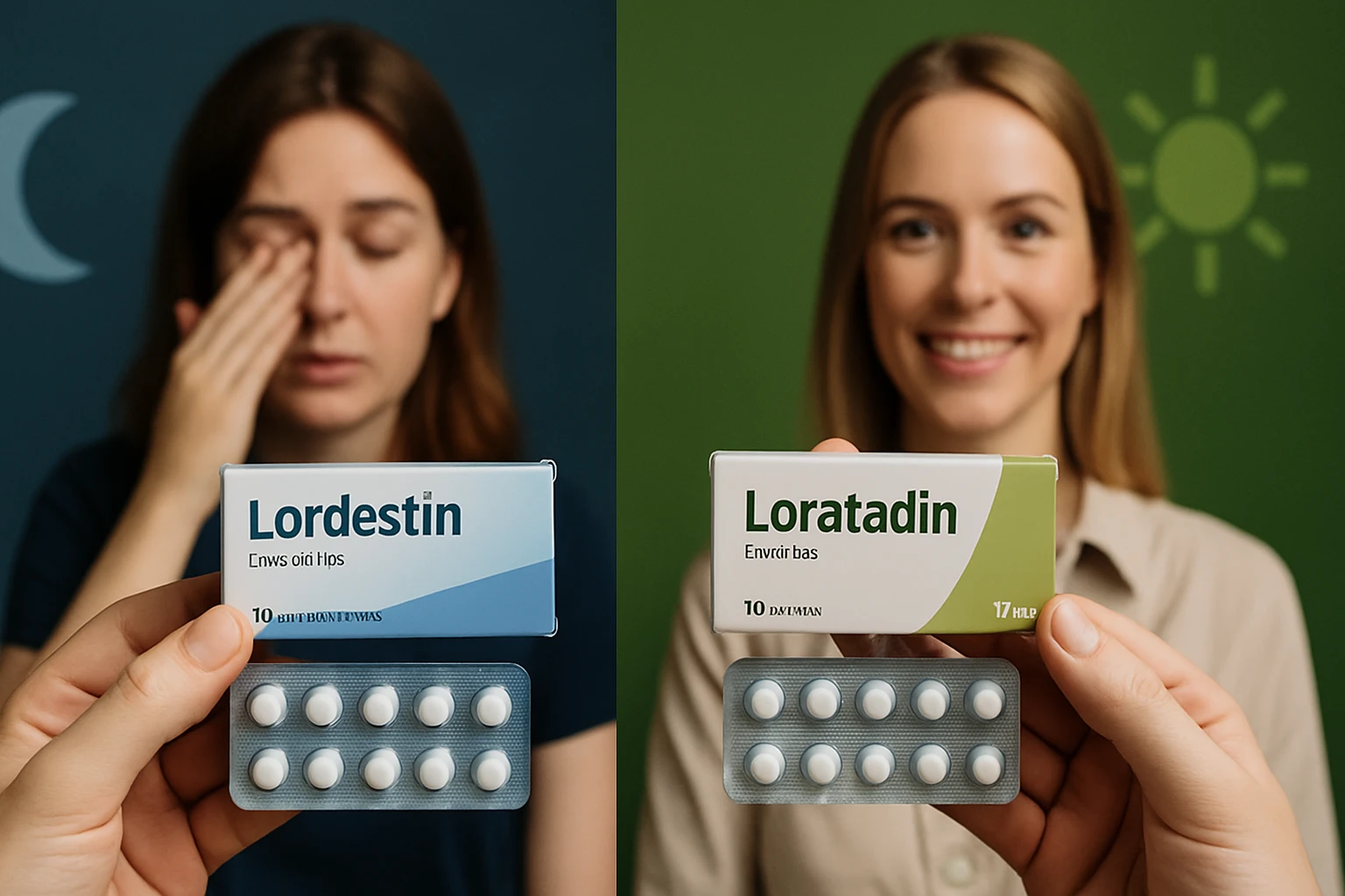 Két nő, az egyik allergiás tüneteket mutat, míg a másik boldogan tartja a Loratadin gyógyszert.