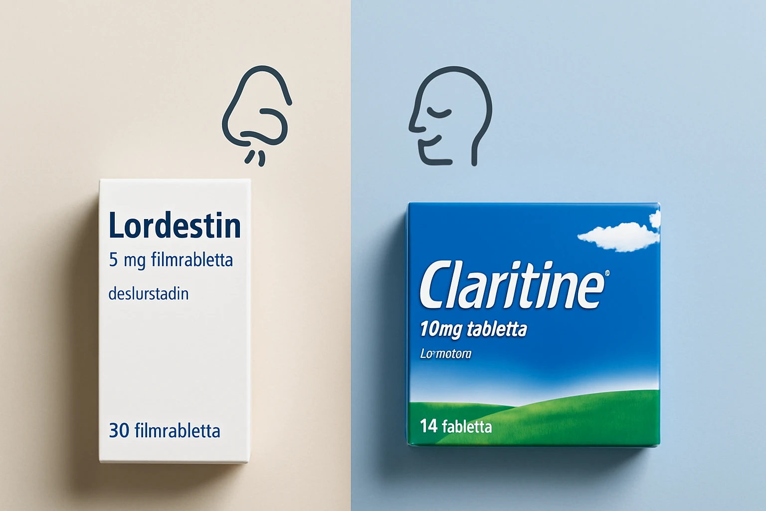 Két allergiaellenes gyógyszer doboza, Lordestin és Claritine, különböző színű háttérrel.