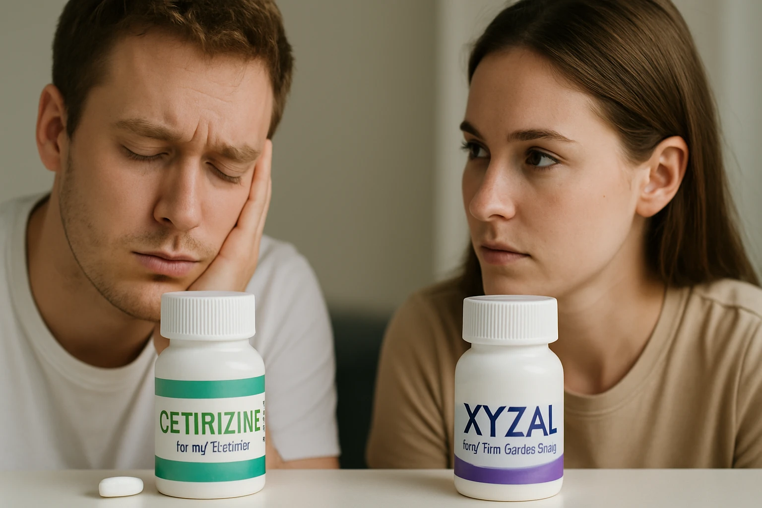Egy férfi és egy nő néz egy asztalon lévő allergiaellenes gyógyszerekre.