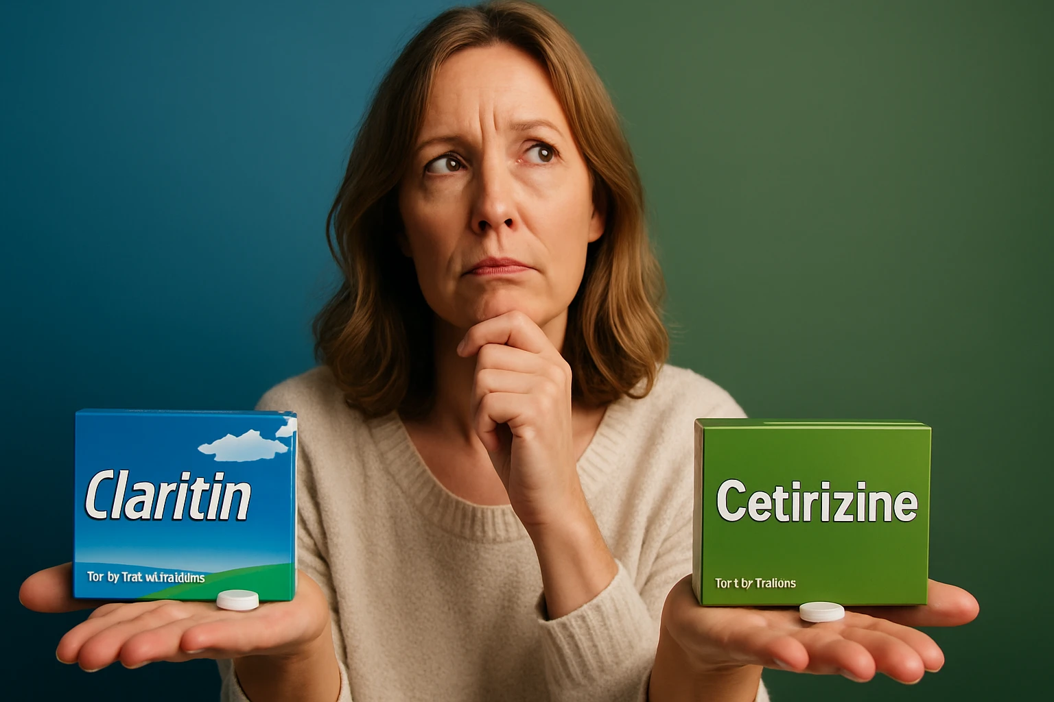 Egy nő két allergiaellenes gyógyszert tart a kezében, Claritin és Cetirizin.